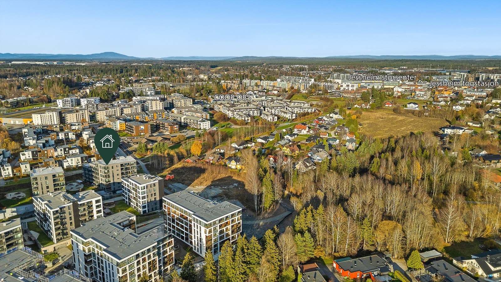 Gangavstand til dagligvare, Jessheim storsenter og kollektiv transport Galleribilde