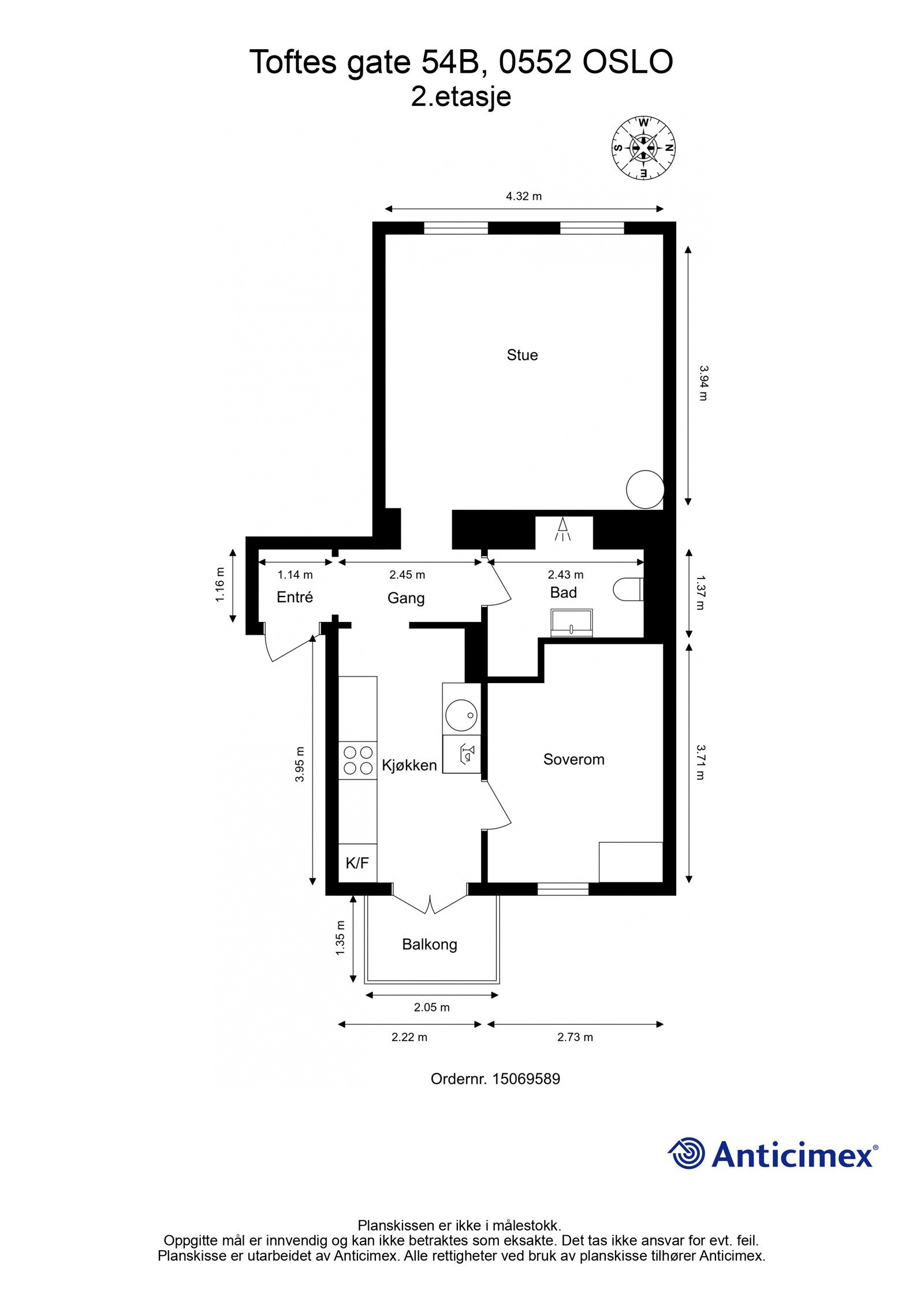Plantegning. I tillegg disponerer leiligheten en kjellerbod på ca. 6m², samt en loftsbod med gulvareal på ca. 5m². Galleribilde