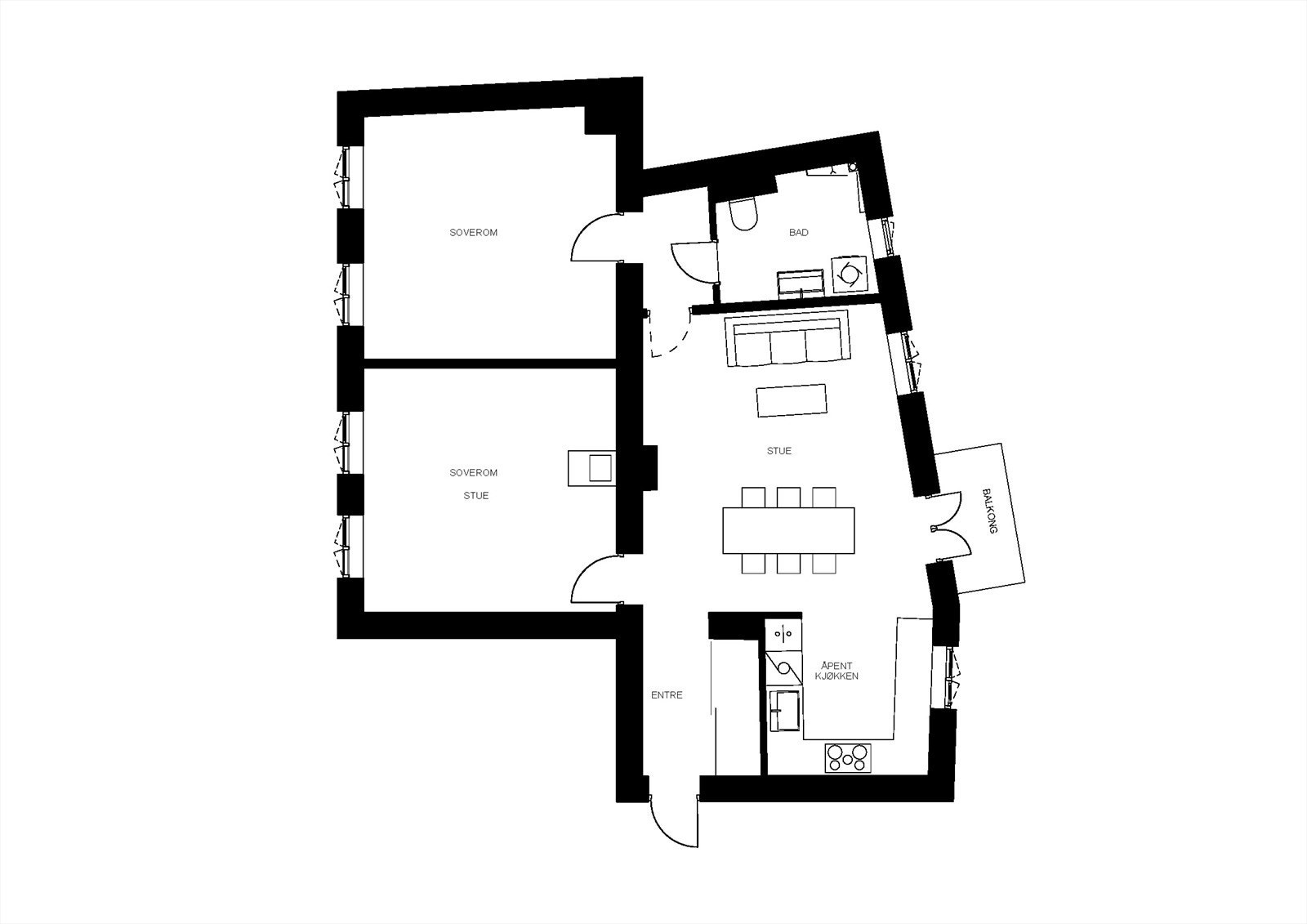Forslag til alternativ planløsning med åpen stue- og kjøkkenløsning mot bakgård. Galleribilde