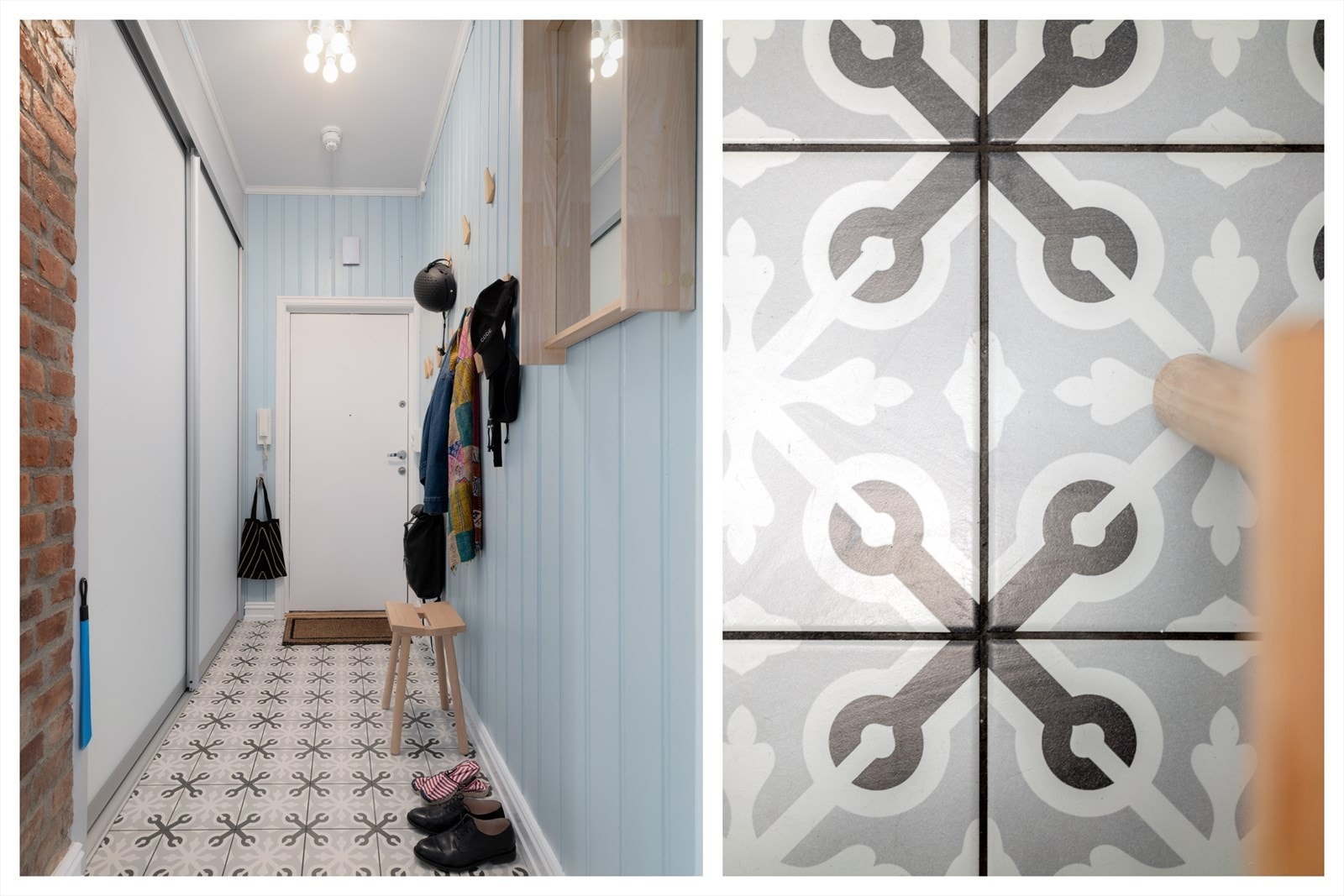 Inngangspartiet gir et svært godt førsteinntrykk av leiligheten. Her er vakre historiske fliser lagt på gulvet. En stor skyvedørsgarderobe langs veggen rommer rikelig med oppbevaring av yttertøy og sko. Galleribilde