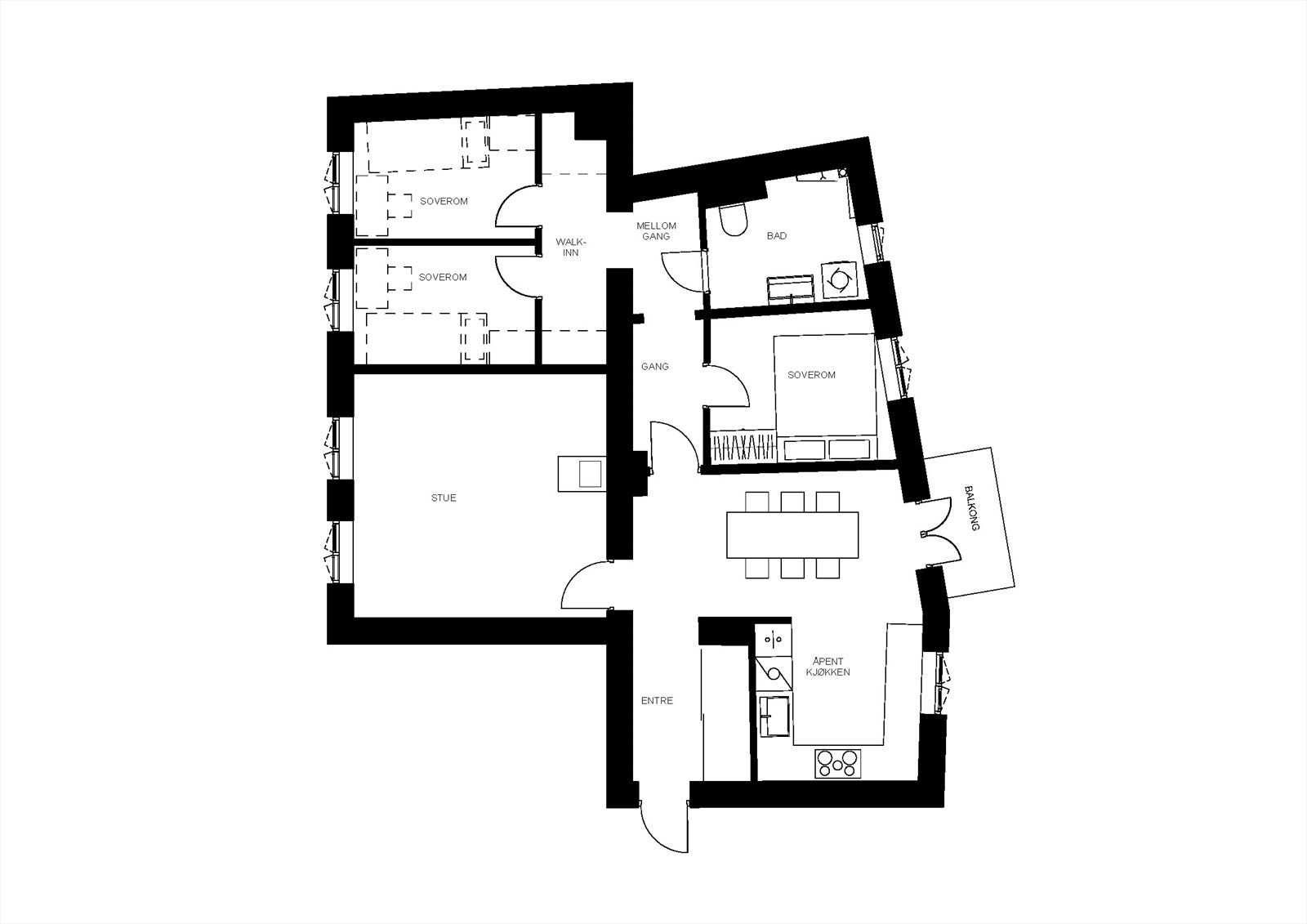 Forslag til alternativ planløsning med 3 soverom i leiligheten. Galleribilde