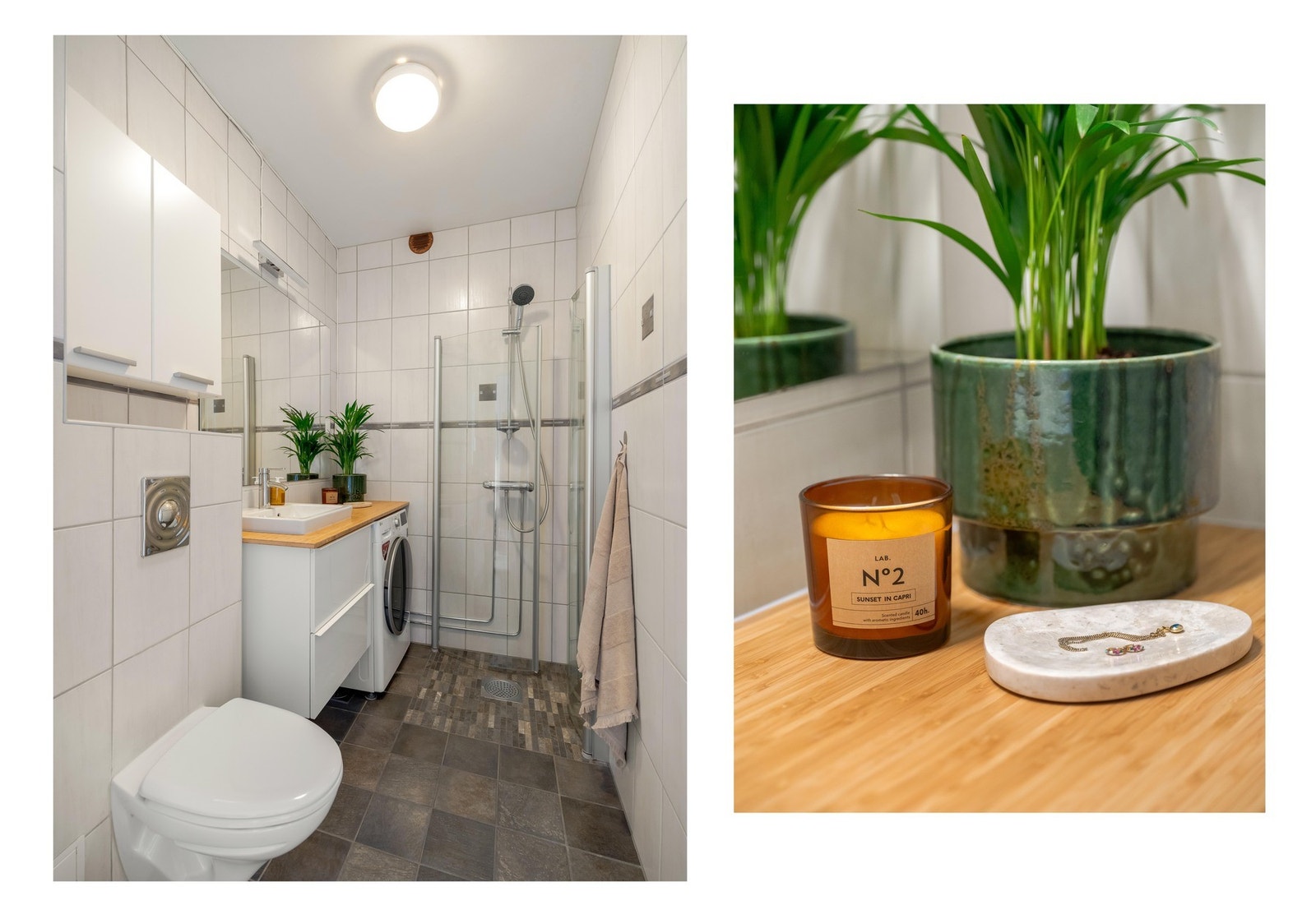 Pent, flislagt bad med vegghengt toalett og plass og opplegg for vaskemaskin. Galleribilde