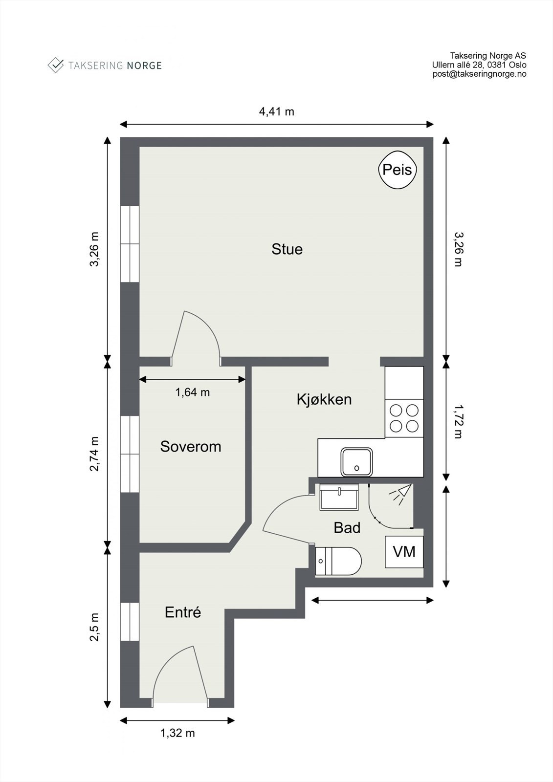 Leiligheten har en god planløsning. Plantegning består av en romslig stue, soverom, kjøkken, bad og entre. Galleribilde