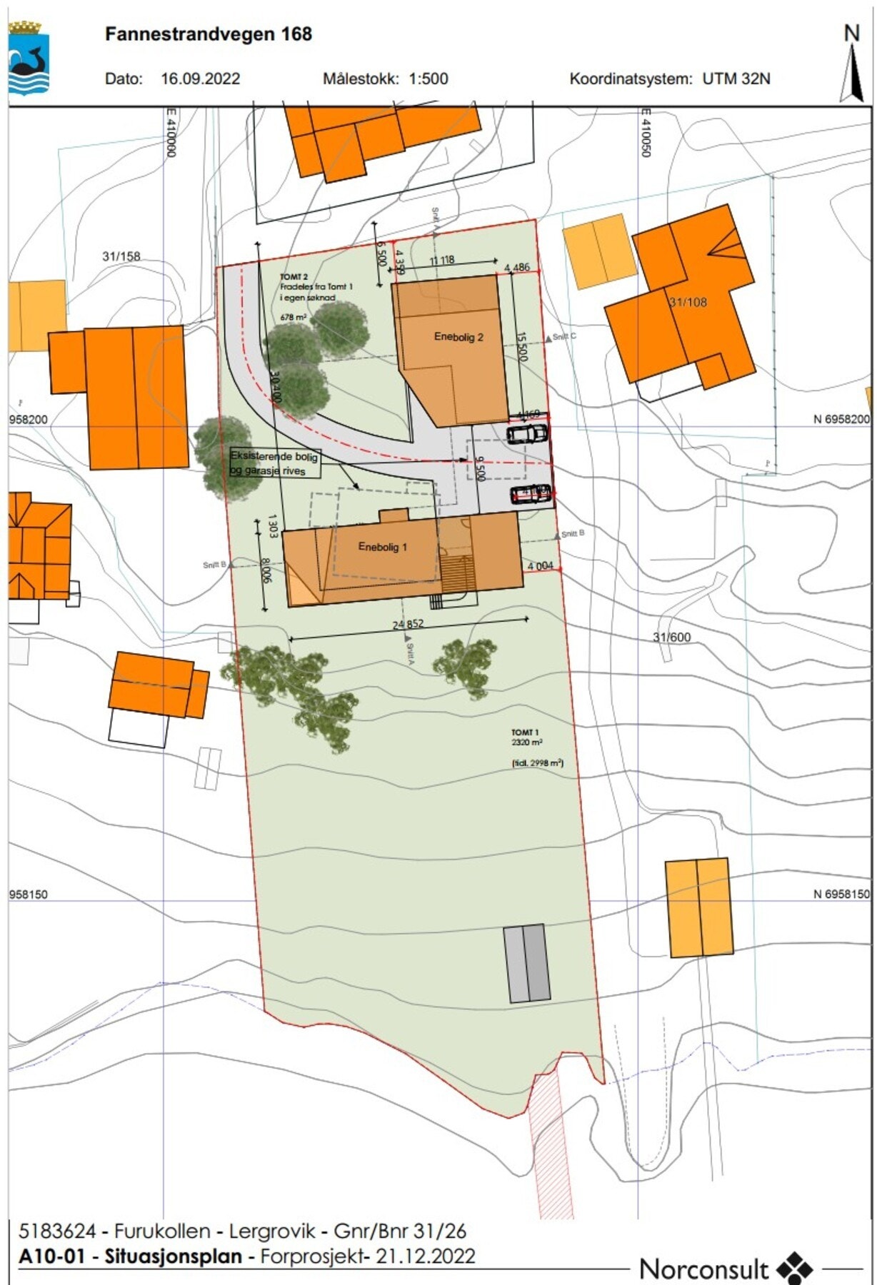 Situasjonsplanen viser plassering av de godkjente husene som det er gitt rammetillatelse til. Galleribilde