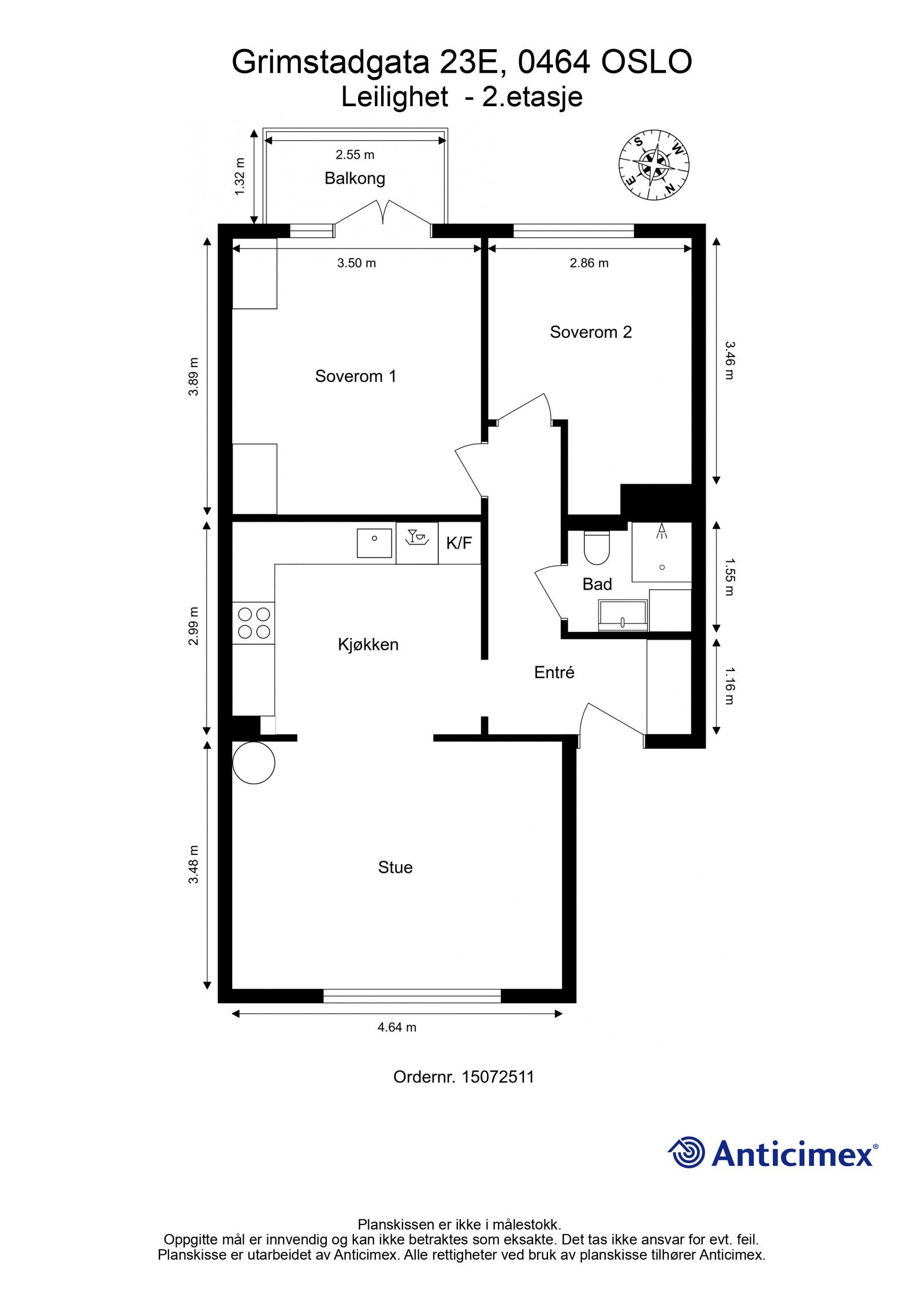 Plantegning. I tillegg disponerer leiligheten to kjellerboder på totalt ca. 12m². Galleribilde