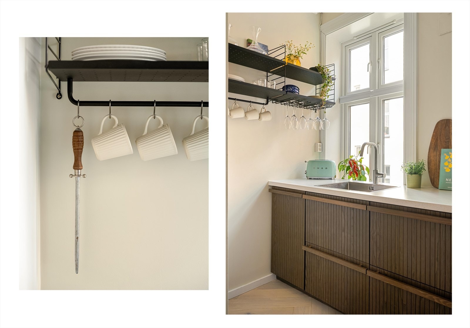 Kjøkkeninnredningen fremstår med underskap, laminert benkeplate med nedfelt vask og platetopp, frittstående kombiskap (kjøl og frys), mekanisk ventilator og integrert oppvaskmaskin og stekeovn. Galleribilde