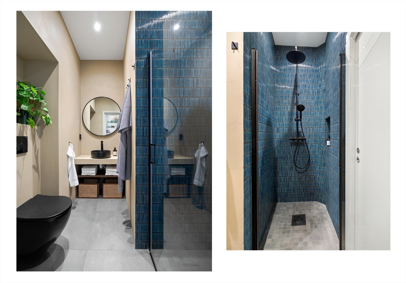 Lyst og innbydende baderom fra 2022 med microsement på vegger og flislagte gulv og dusjvegger. Galleribilde