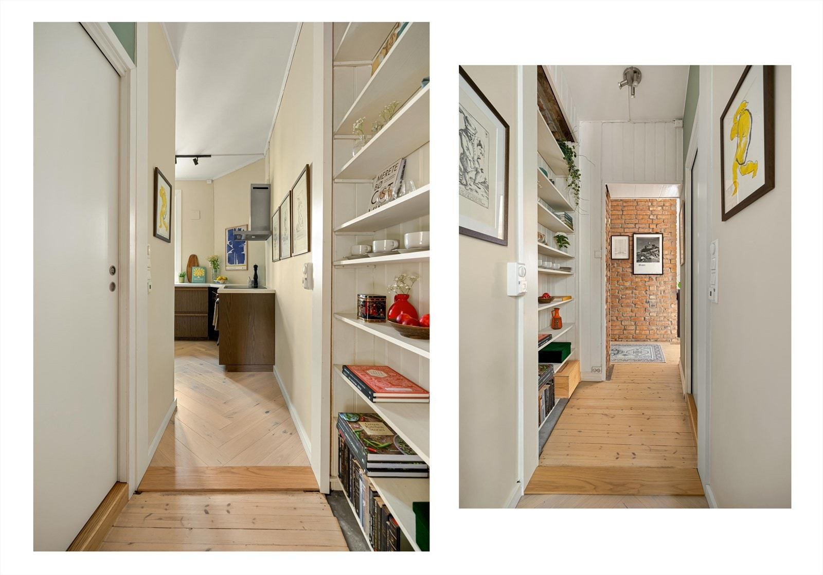 Gangen fremstår som lys og romslig og har smart oppbevaringsplass i hyllesystem. Galleribilde