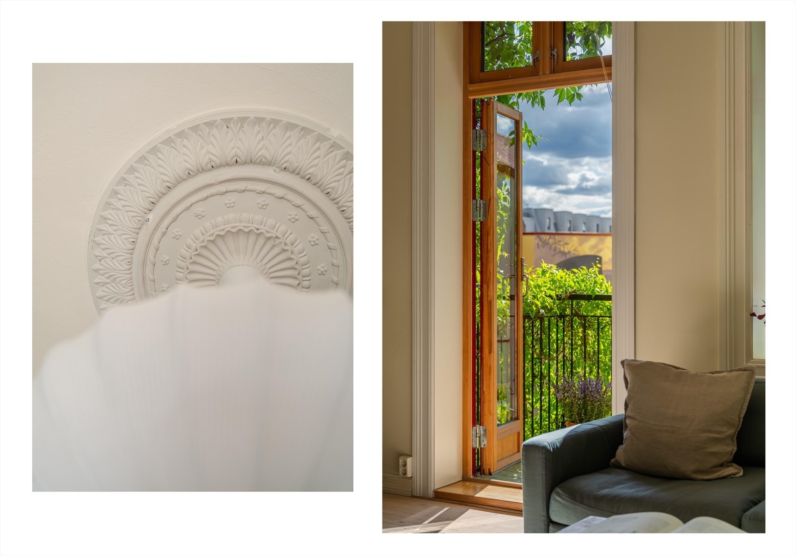 Leiligheten er fylt av vakre, klassiske detaljer som rosett og stukkatur. Galleribilde