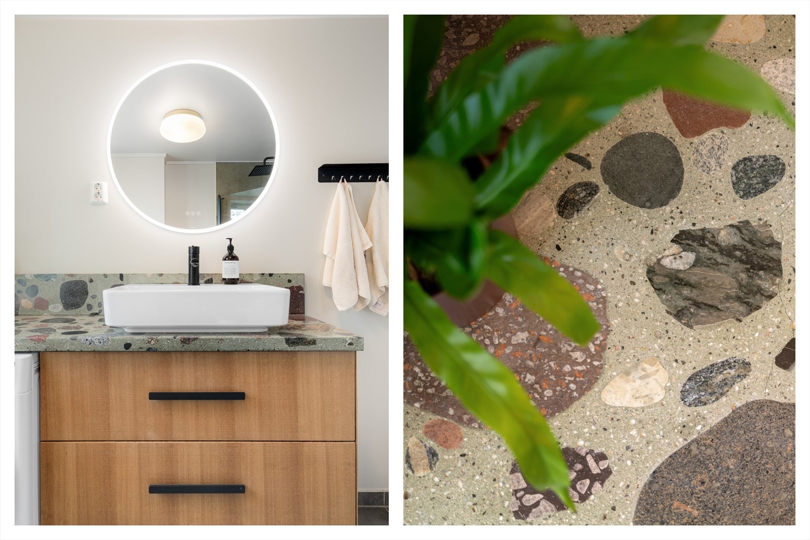 Arkitekttegnet og spesialtilpasset benkeplate av stein ...... hvor vaskemaskinen pent kan integreres. Galleribilde