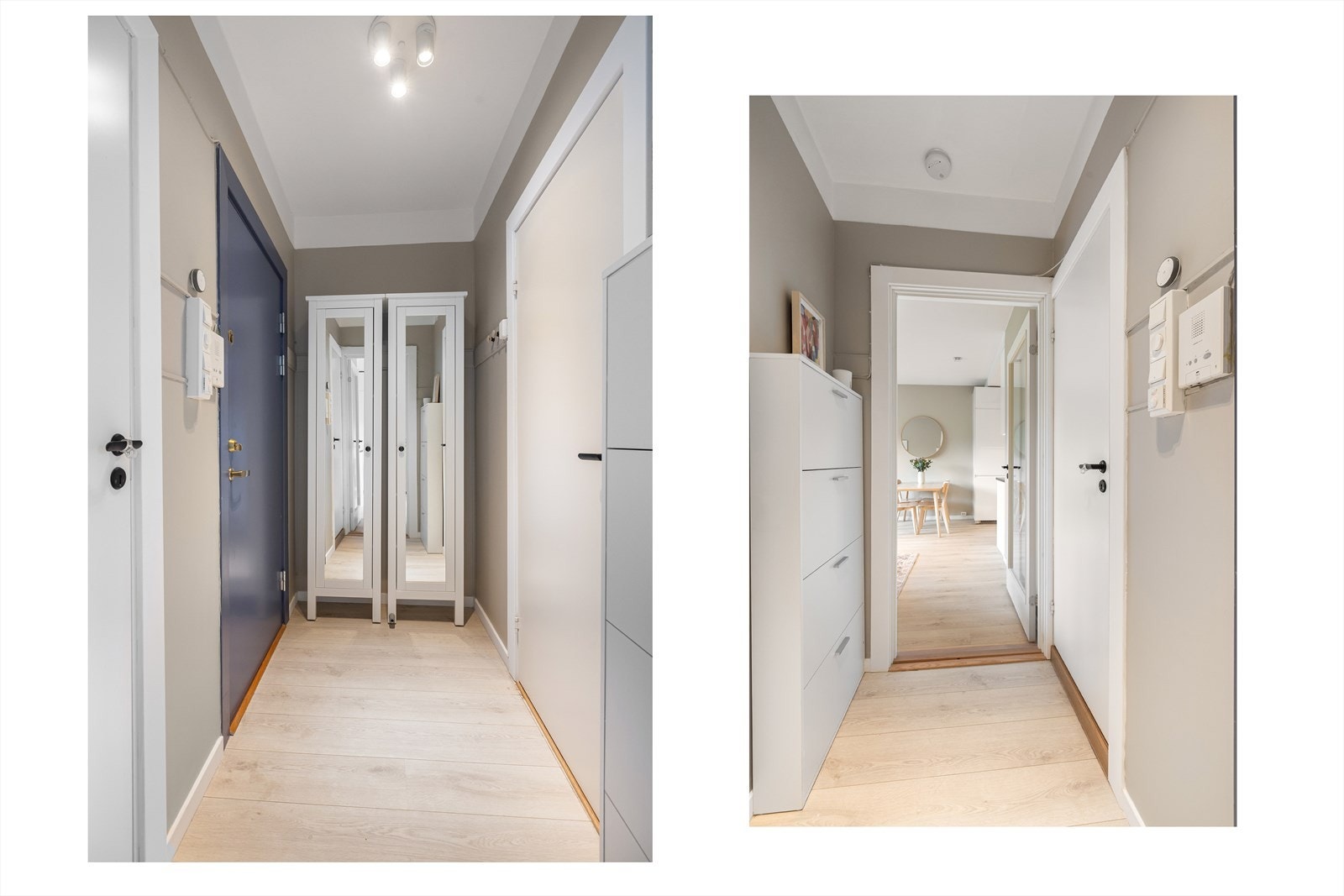 Leiligheten har et lyst og romslig inngangsparti som gir et godt førsteinntrykk. Her er det god plass til å plassere både sko og yttertøy. Fra entréen er det videre adkomst til samtlige av leilighetens rom. Galleribilde