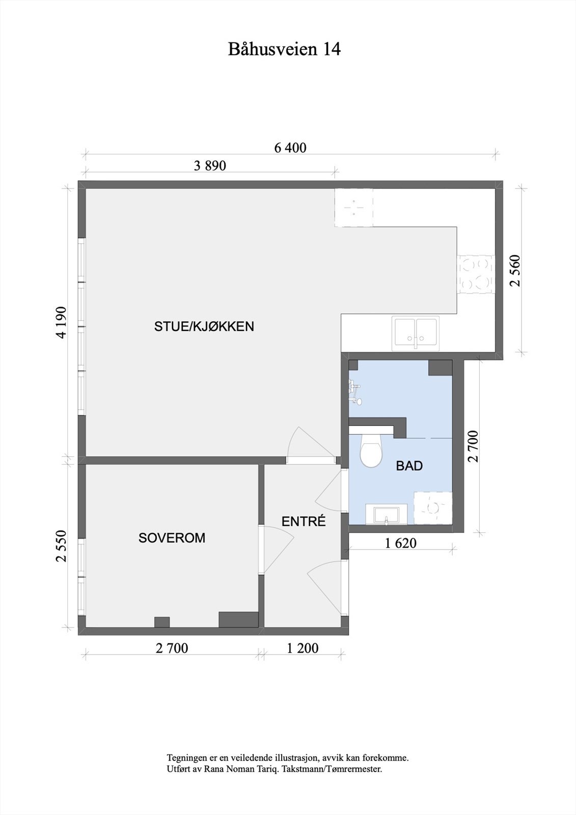 Leiligheten ligger i 5. etasje og inneholder entré, bad, soverom og åpen stue- og kjøkkenløsning. I tillegg disponerer leiligheten en kjellerbod. Galleribilde