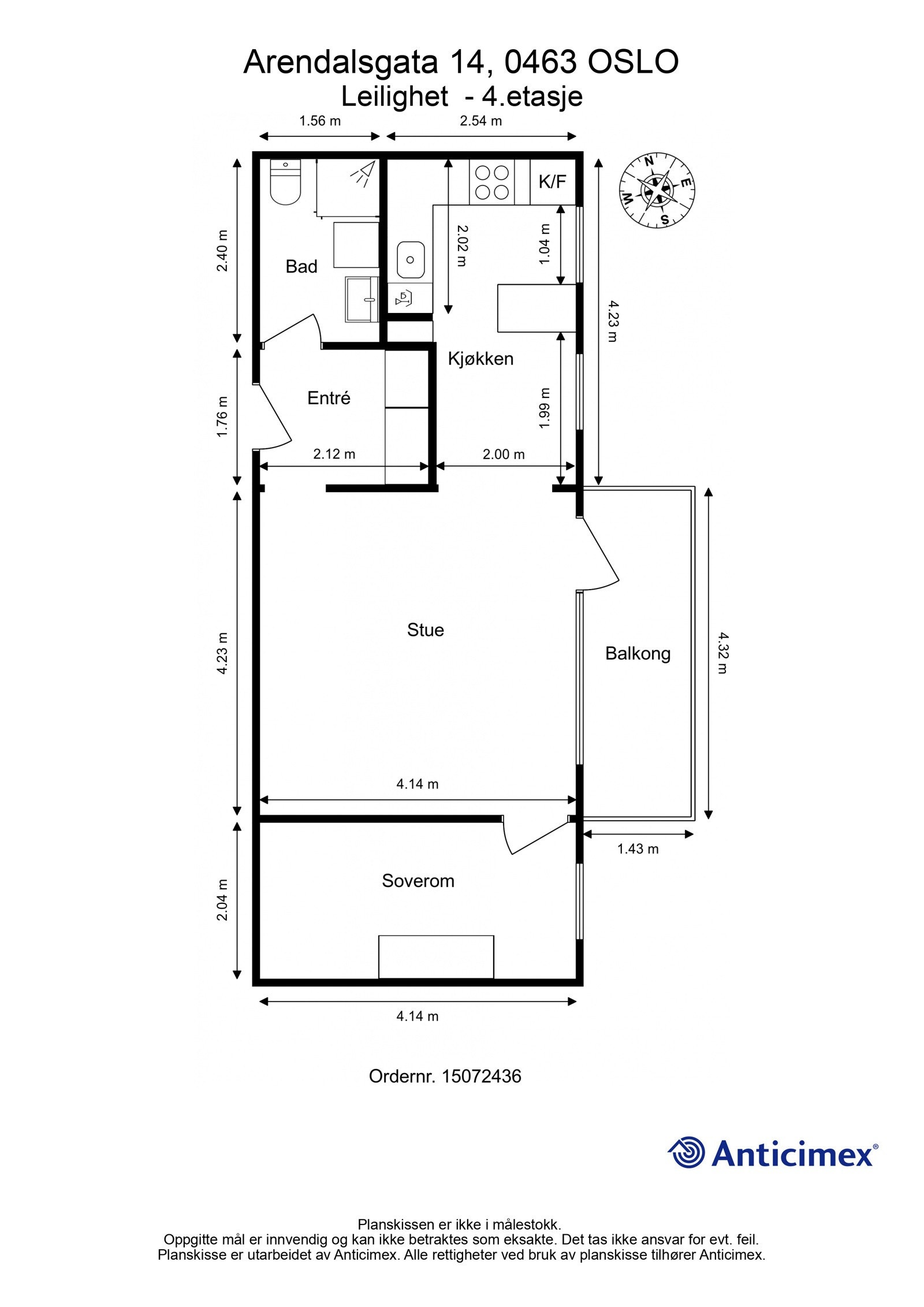 Plantegning 4. etasje. I tillegg disponerer leiligheten en loftsbod med gulvareal på ca. 6m², samt et skap i kjelleretasje uten målbart areal. Heis i bygget. Galleribilde
