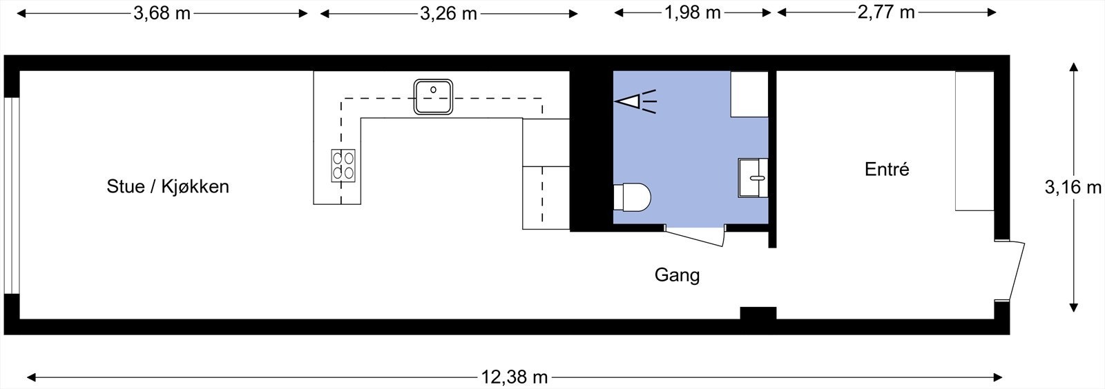 Leiligheten ligger i byggets 2. etasje og inneholder entré, bad og stue/kjøkken. I tillegg disponerer leiligheten en kjellerbod. Galleribilde