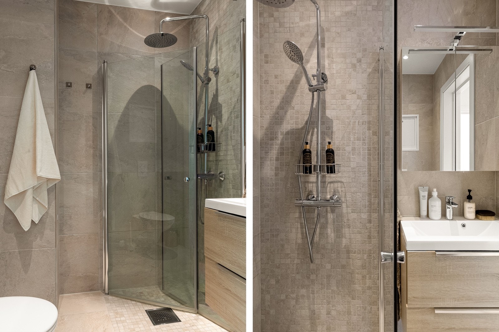 Baderommet har servantskap med heldekkende servant, speilskap med lysarmatur, veggmontert klosett og dusjhjørne. Galleribilde