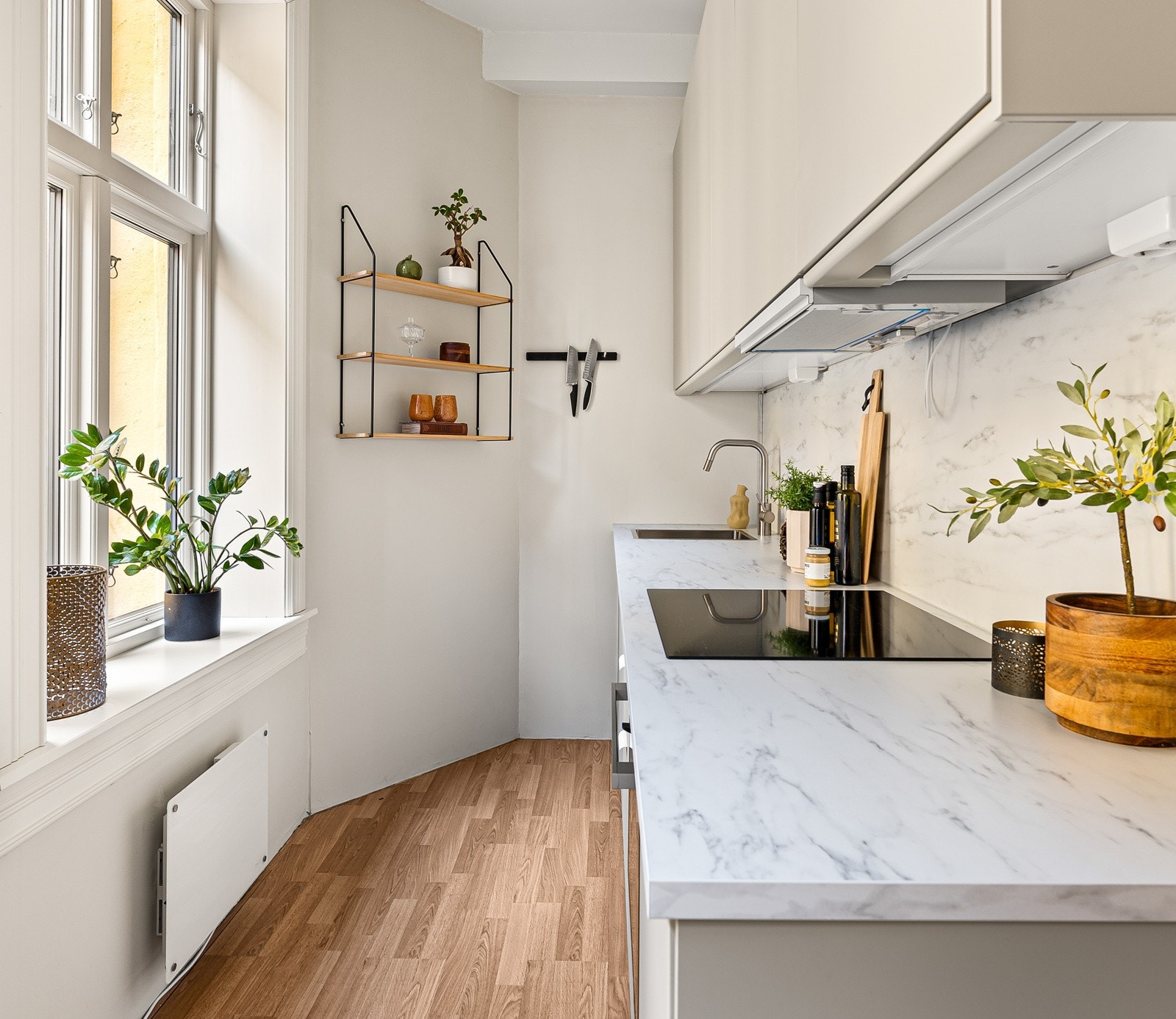 Det er integrert ovn og koketopp. Det er montert kullfiltervifte over stekesone. Galleribilde