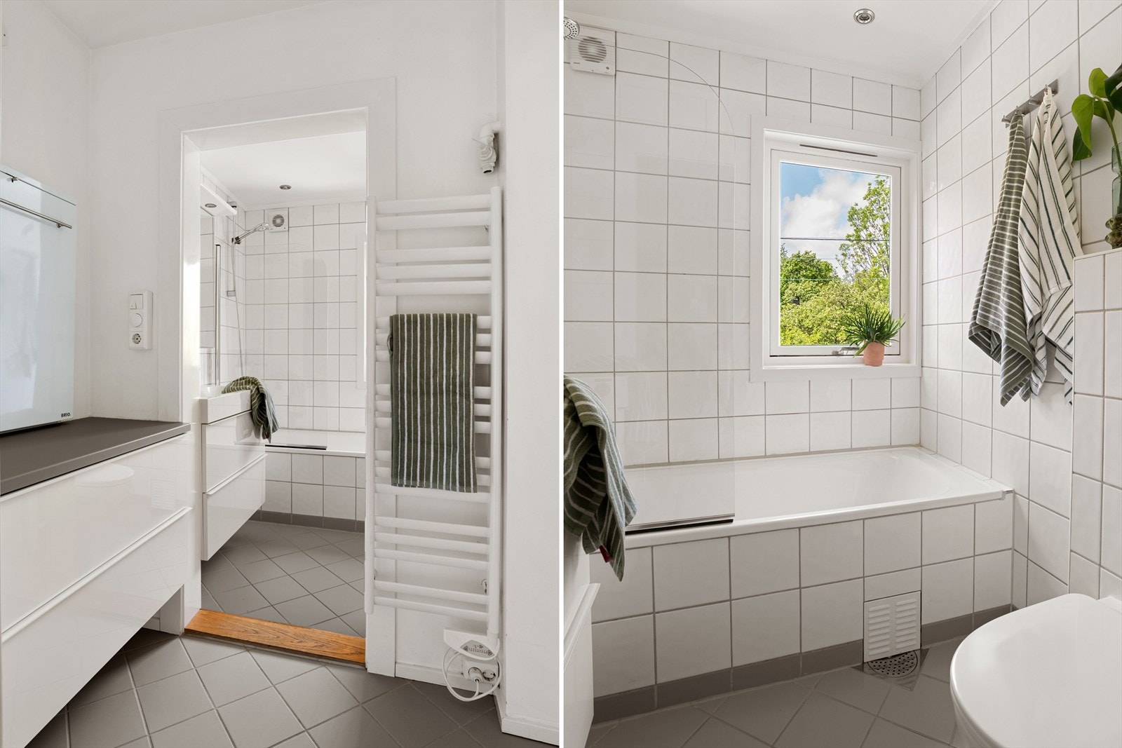 Badet er innredet med badekar, vegghengt klosett og servant med oppbevaringsløsning. Galleribilde
