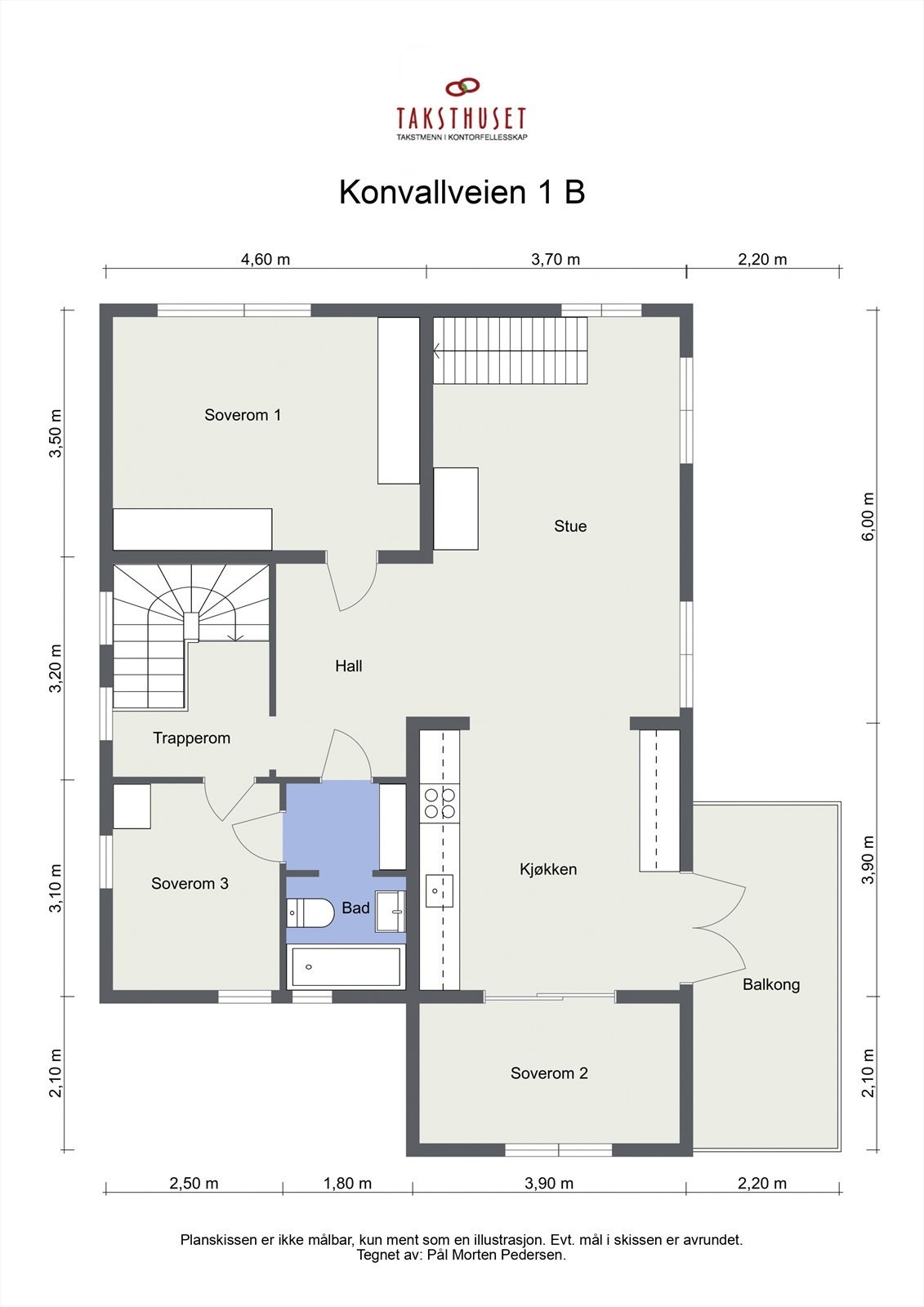 2. etg., 95 kvm BRA-i, består av: Trapperom, hall, bad/wc, 3 soverom, kjøkken med utgang til balkong, stue. I tillegg har du egen inngang i 1. etasje på 7 kvm som består av entré og trapperom. Galleribilde