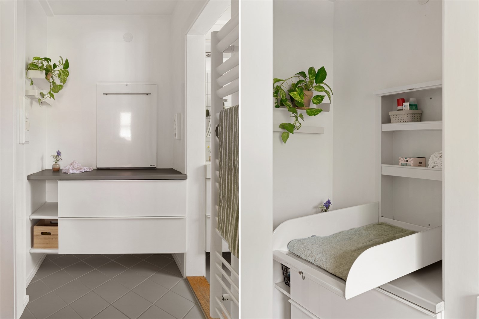 Pent flislagt bad med godt med oppbevaring og veggmontert stellebordløsning. Galleribilde
