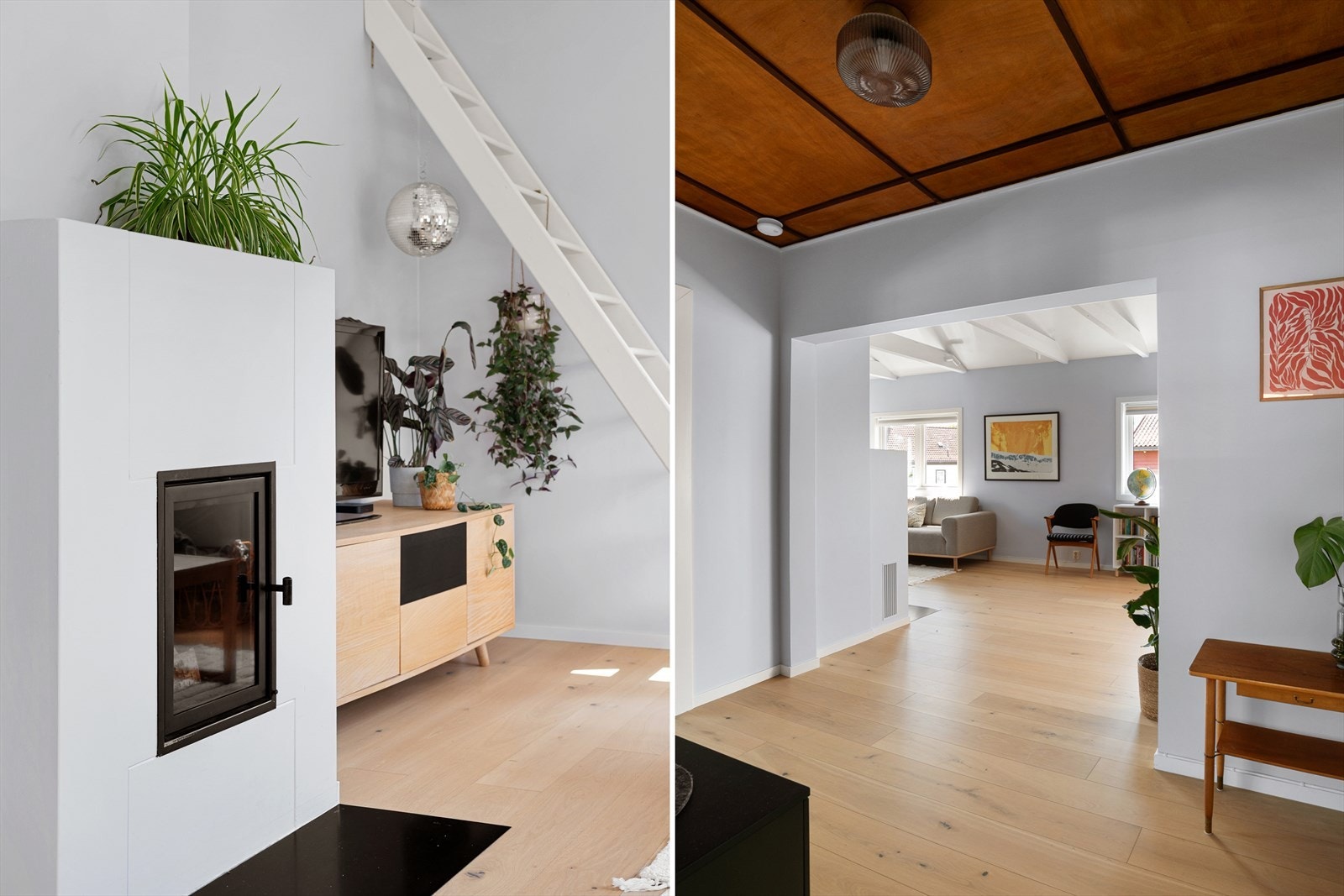 Nydelig peisovn i stuen som varmer godt. Legg merke til det flotte originale taket som er i hallen. Galleribilde
