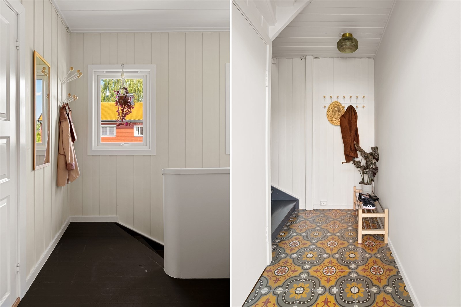 Eget inngangsparti til boligen i 1. etasje med mulighet for klesavheng. Her er også videre adkomst til kjelleren. Galleribilde