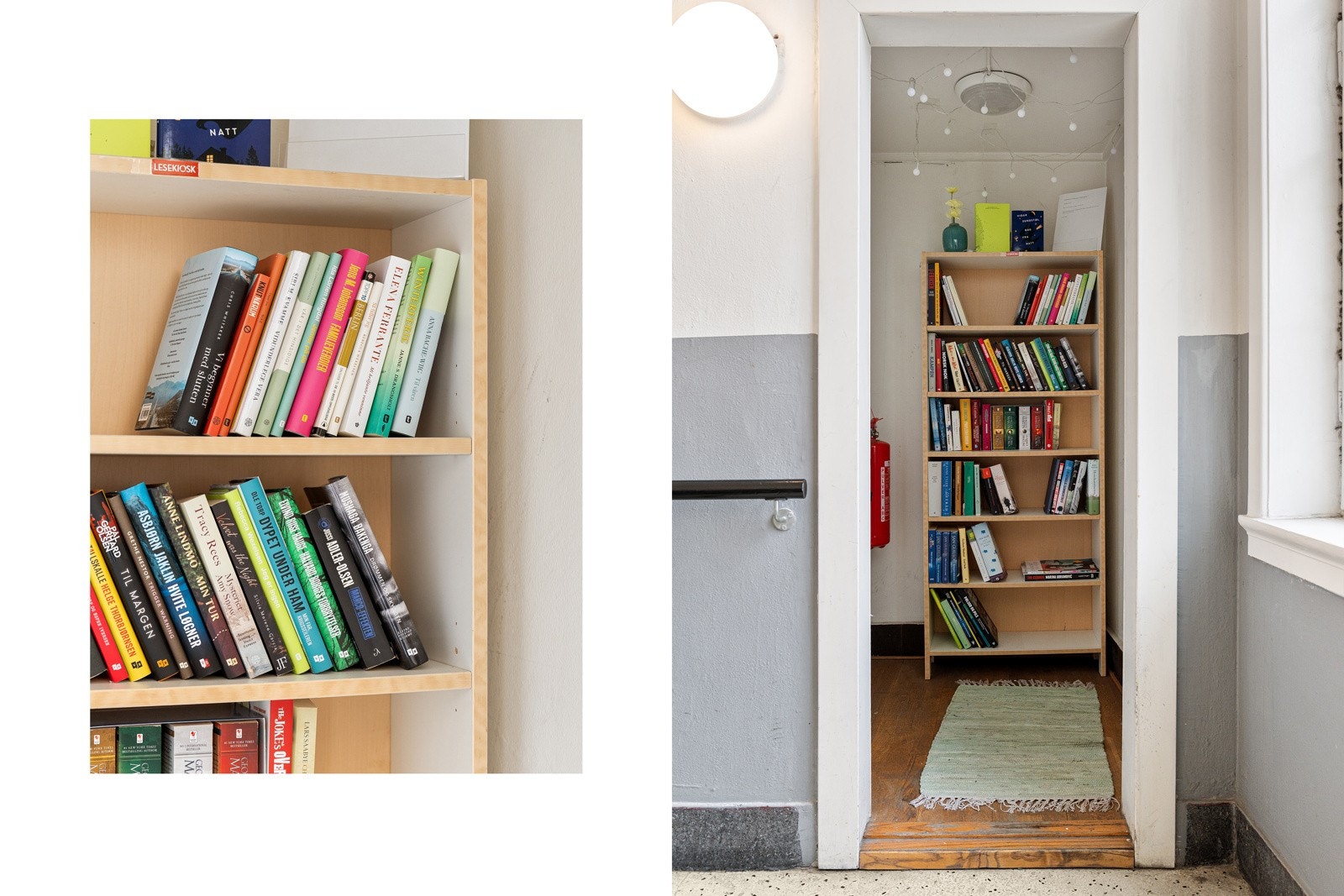 Fellesområde i trappen i 1. etasje brukes til bibliotek for alle beboere. Alle legger brukte og ferdigleste bøker inn der Galleribilde