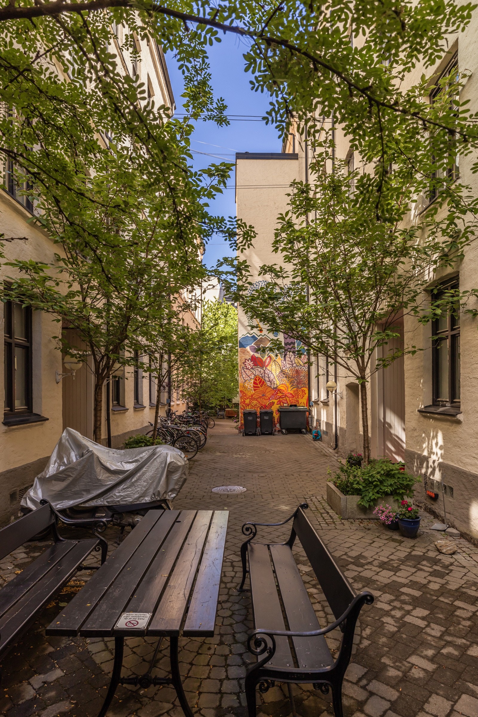 Her finner man sittegrupper, beplantning og sykkelparkering. Galleribilde