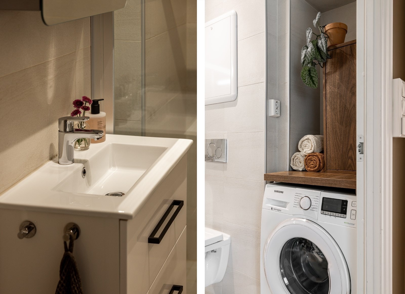 Nisje med plass til vaskemaskin og hyller. Ellers har man gode oppbevaringsløsninger i speil- og underskap. Galleribilde