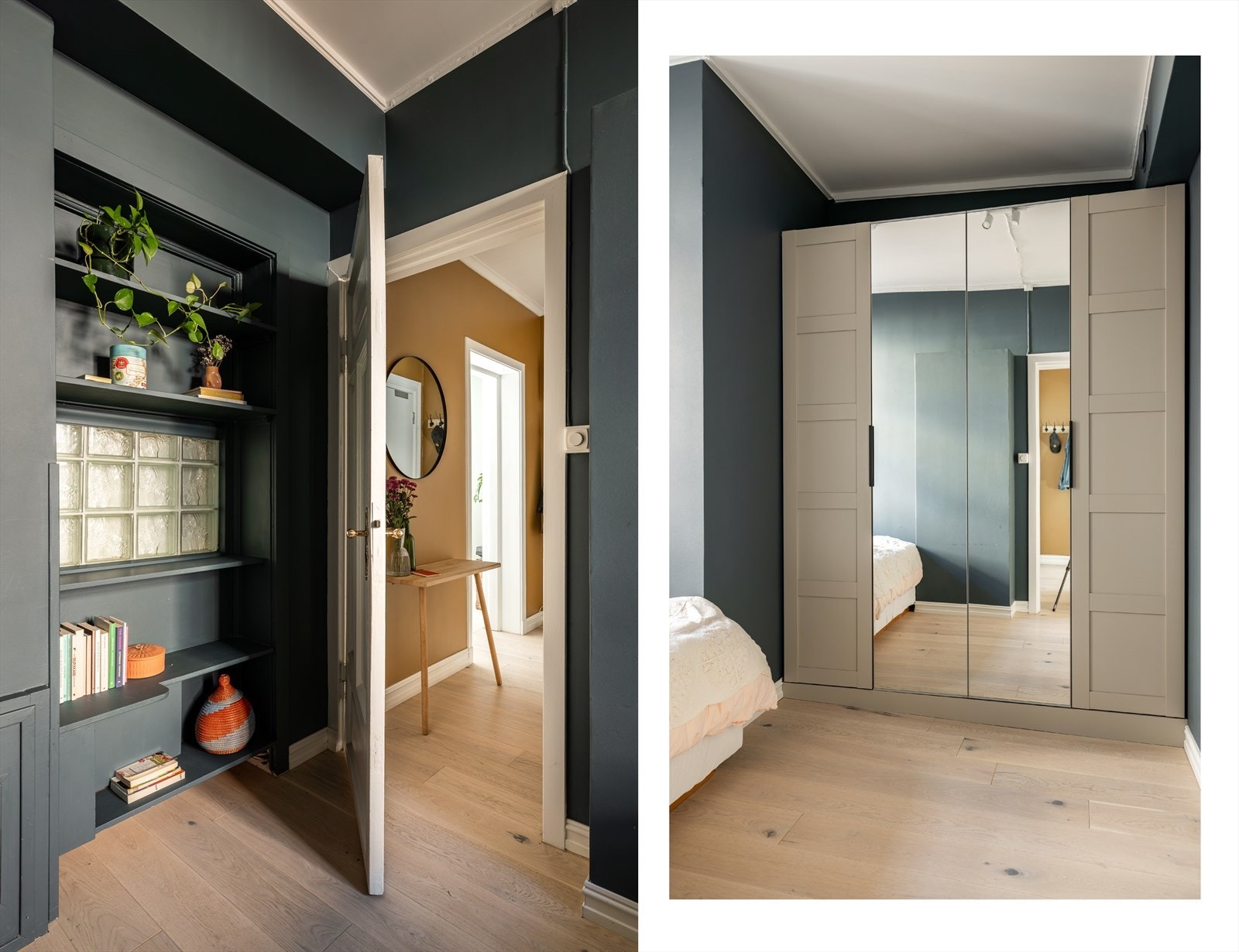 Tidligere døråpning er praktisk utnyttet med hyller slik at man får ekstra lagringsmuligheter her. Galleribilde