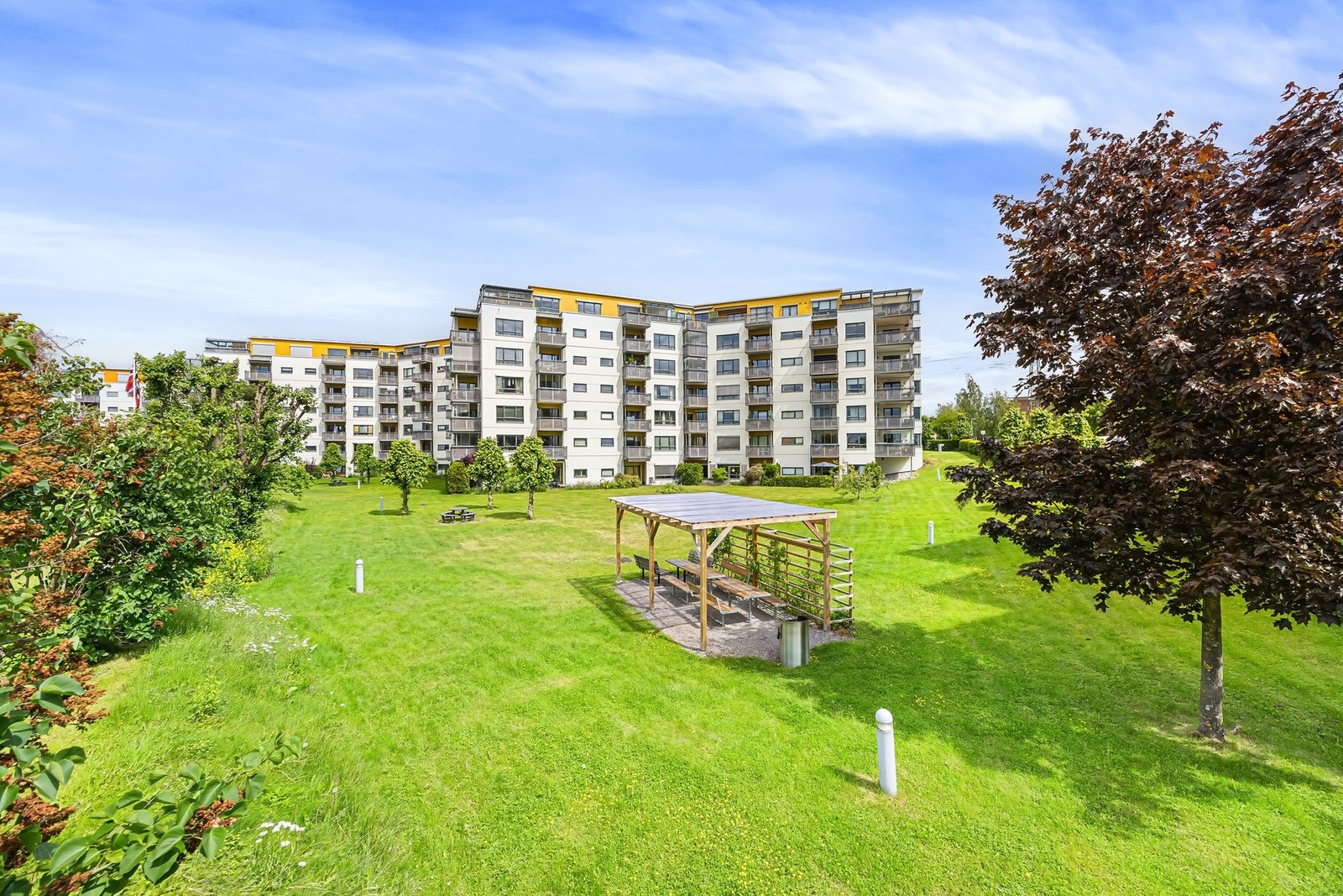 Stor bakgård med plen, lys og flere sittegrupper. Galleribilde