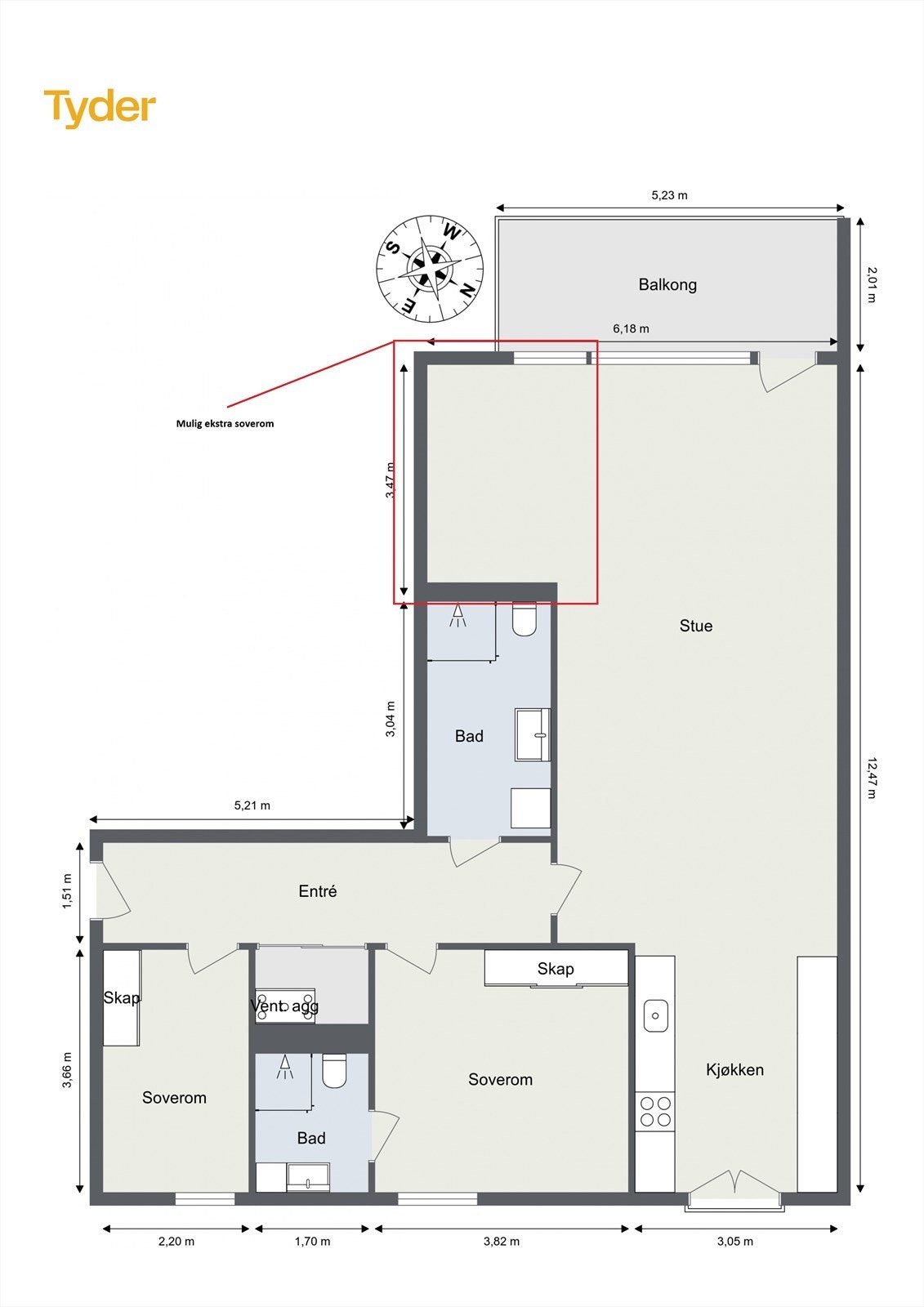 Alternativ plantegning - Mulighet for å etablere et tredje soverom i stuen Galleribilde