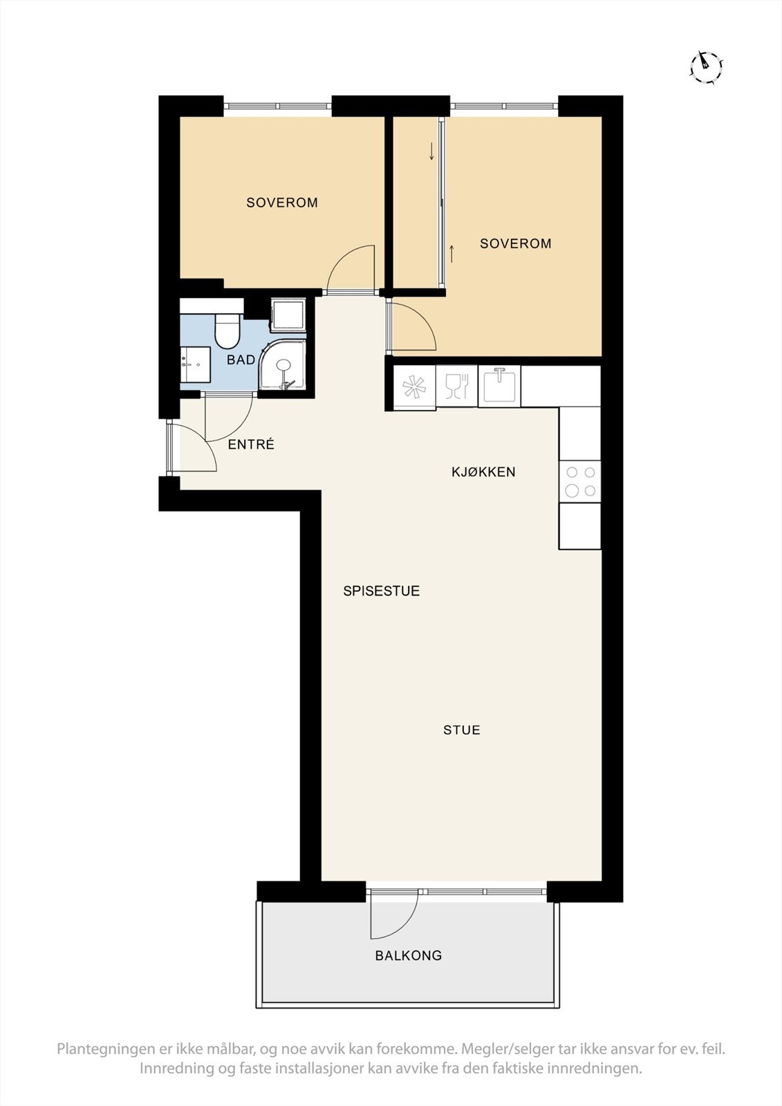 Plantegning består av åpen stue- kjøkkenløsning, to soverom, romslig balkong, entre og pent bad. Galleribilde