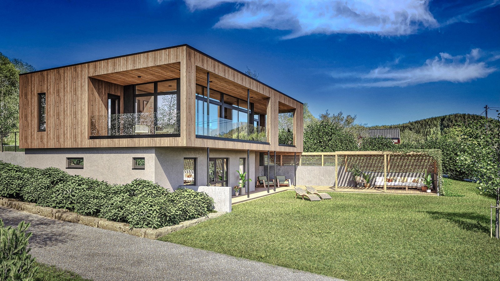 Illustrasjon av enebolig. Tegninger for eneboligen kan medfølge mot vederlag. Konferer megler ved spørsmål. Galleribilde