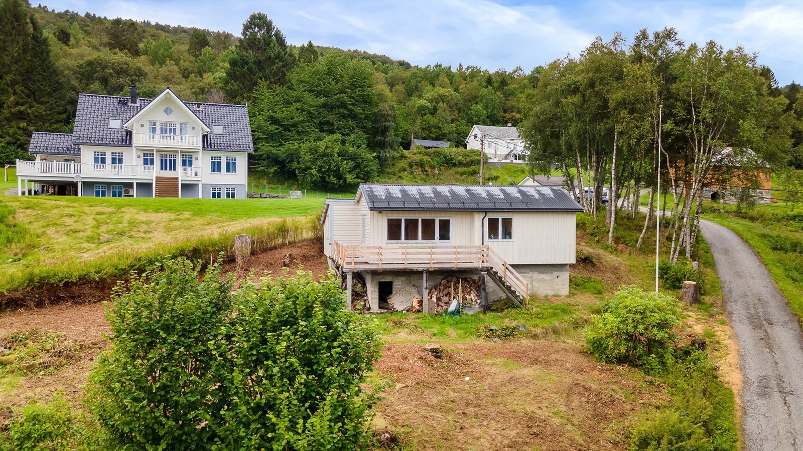 Dronebilde av fasade og tomten sett fra syd Galleribilde