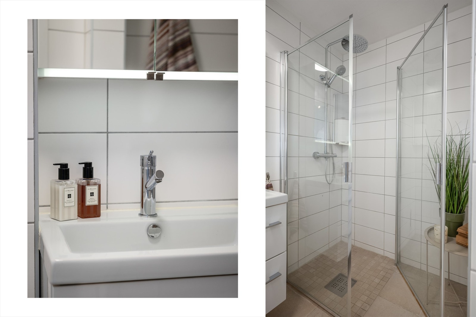 Varme i gulv, dusjhjørne med svingdører, vegghengt toalett og servant med underskuffer. Galleribilde