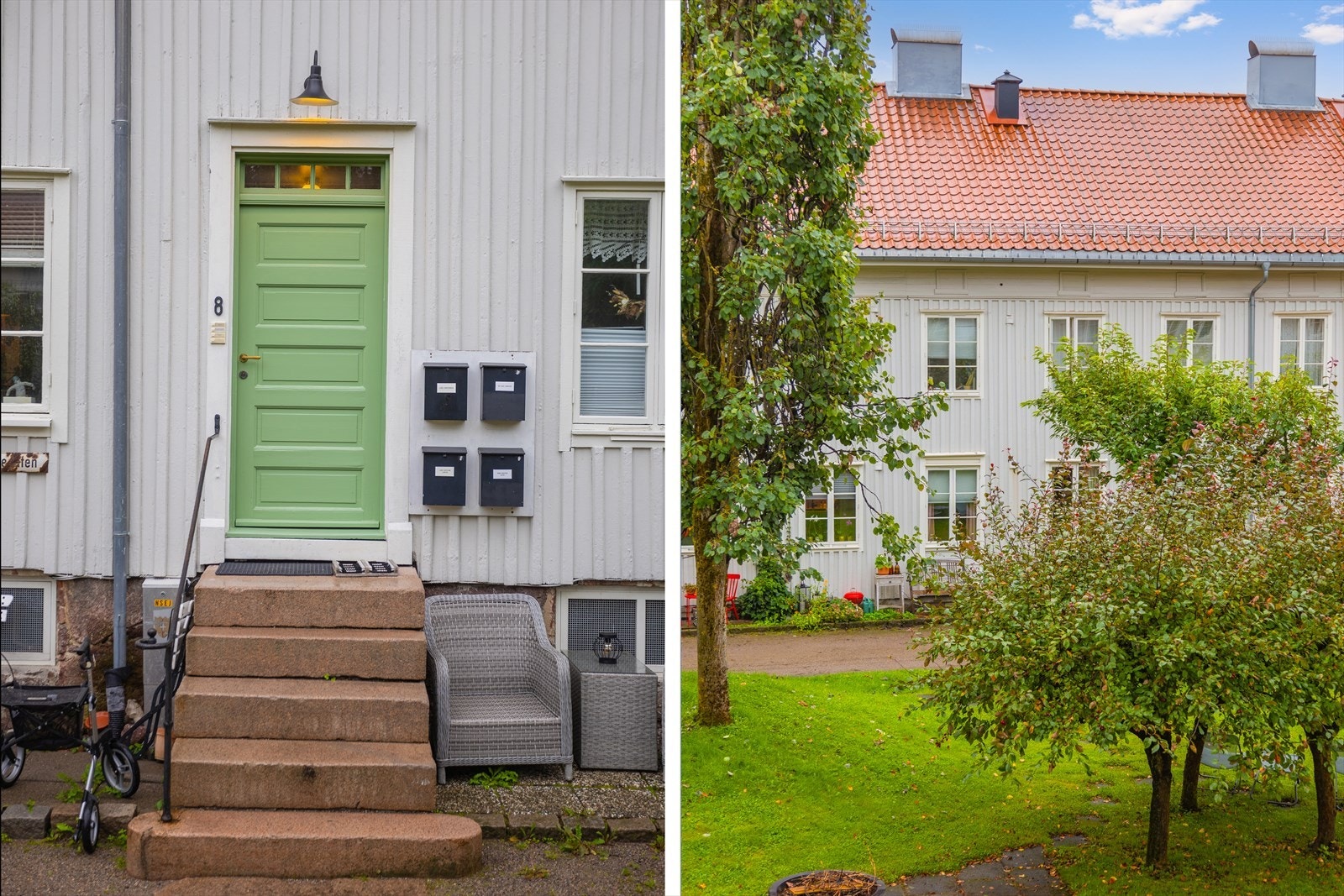 Legg merke til koselige trappen av rød granitt m/smijernsrekkverk opp fra gårdsrommet til inngangsdøren. Galleribilde
