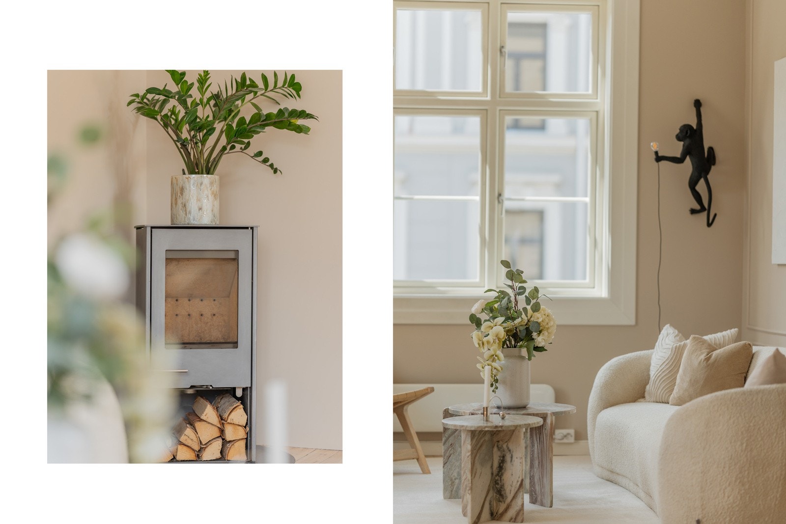 Peisen i stuen tilfører mye varme, og himlingshøyden ble målt til ca. 2,75 meter. Galleribilde