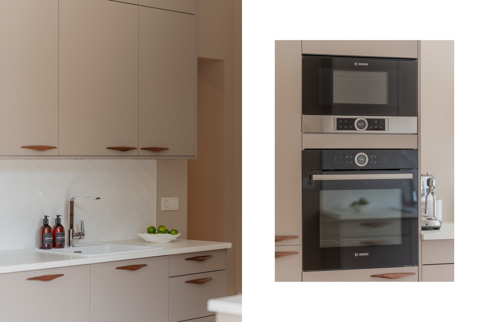 Integrerte hvitevarer fra Bosch inkluderer induksjonsplatetopp, stekeovn, mikrobølgeovn, oppvaskmaskin og kjøle/fryseskap. Galleribilde