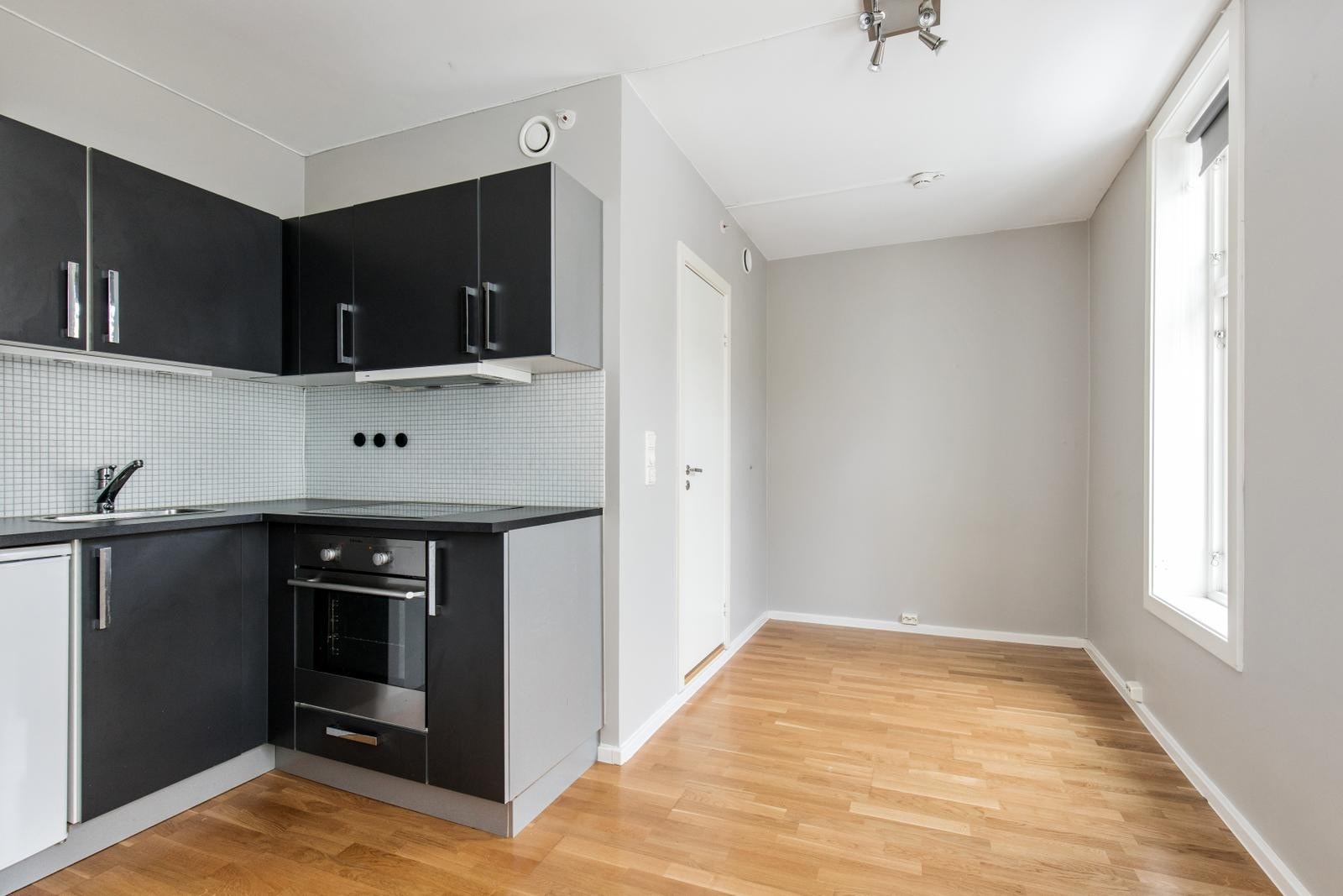 Stue med åpen kjøkkenløsning. Integrerte hvitevarer. Galleribilde