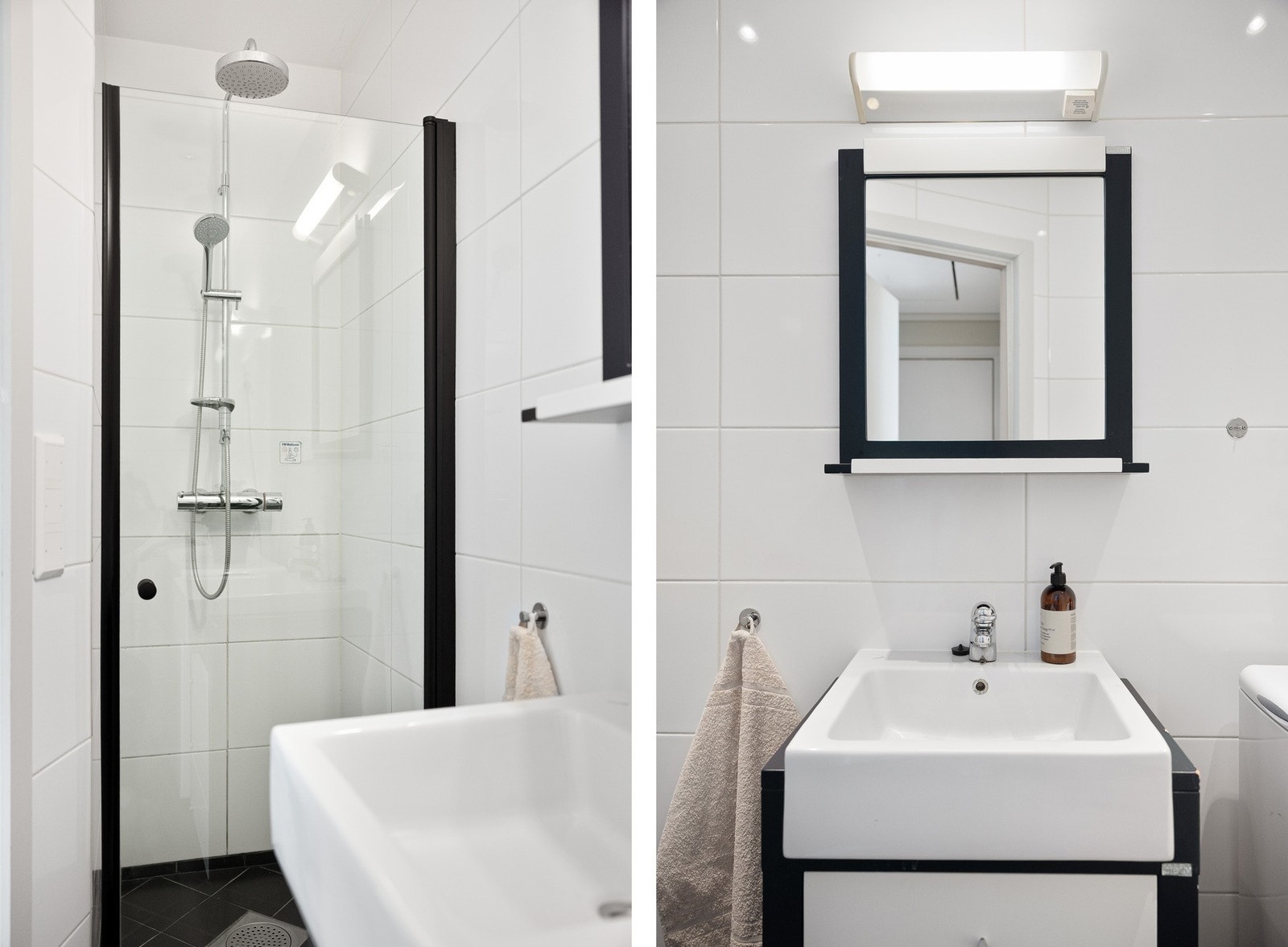 Badet fremstår lyst og moderne med baderomsinnredning, vegghengt toalett og dusj med glassvegg. Galleribilde