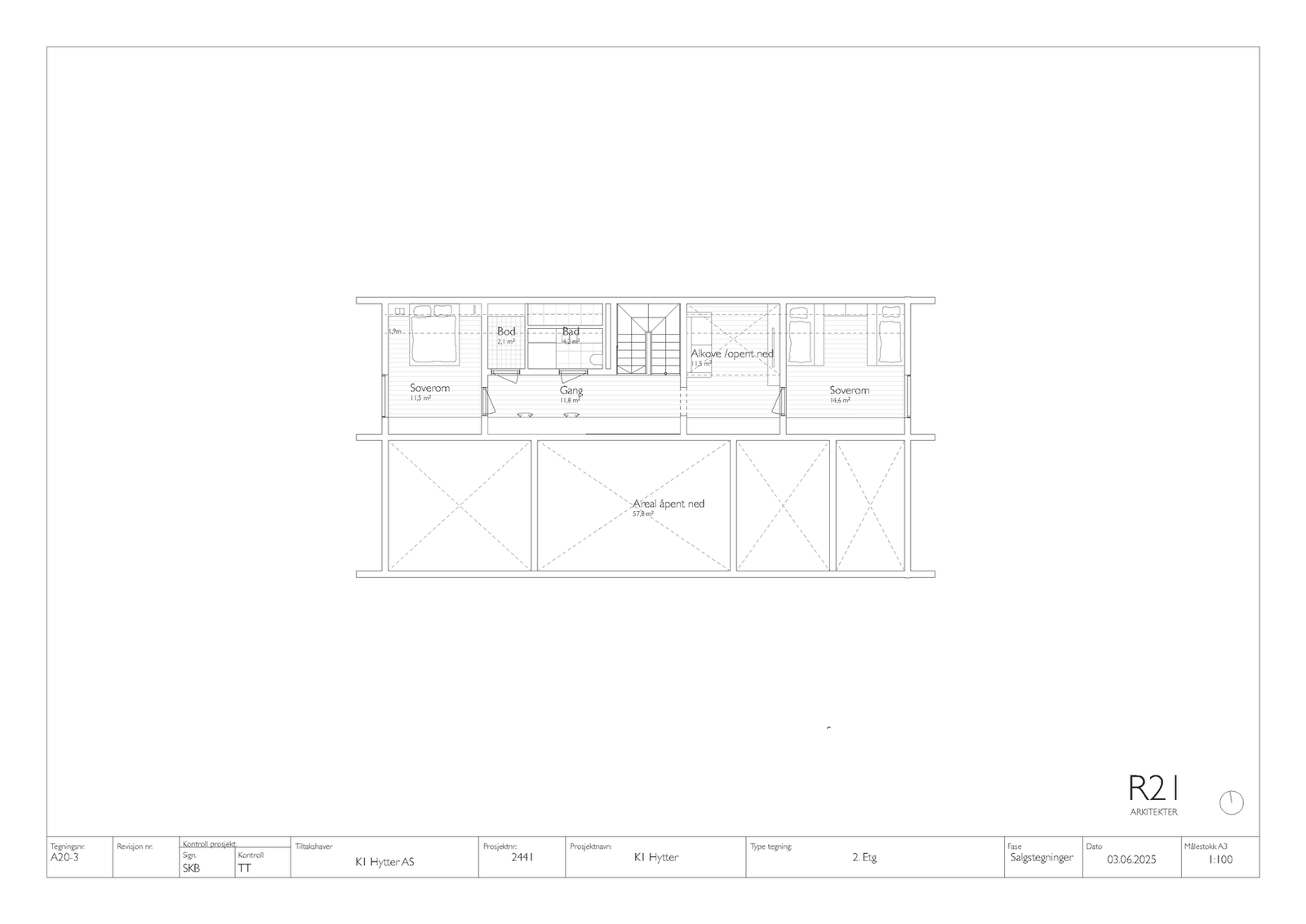 Plantegning 2.etasje. I andre etasje finner du romslige soverom - fleksible rom som også kan brukes som TV-stue eller ungdomsavdeling. Galleribilde