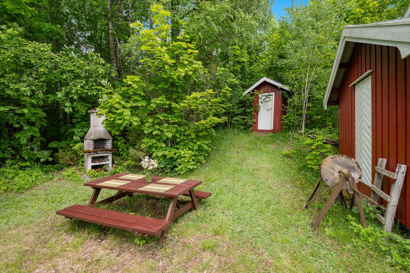 På siden av hytta er det en usjenert uteplass med gode solforhold. Bygningen i front er utedoen, og vannposten finner du noen meter opp i skogen til venstre i bildet. Galleribilde