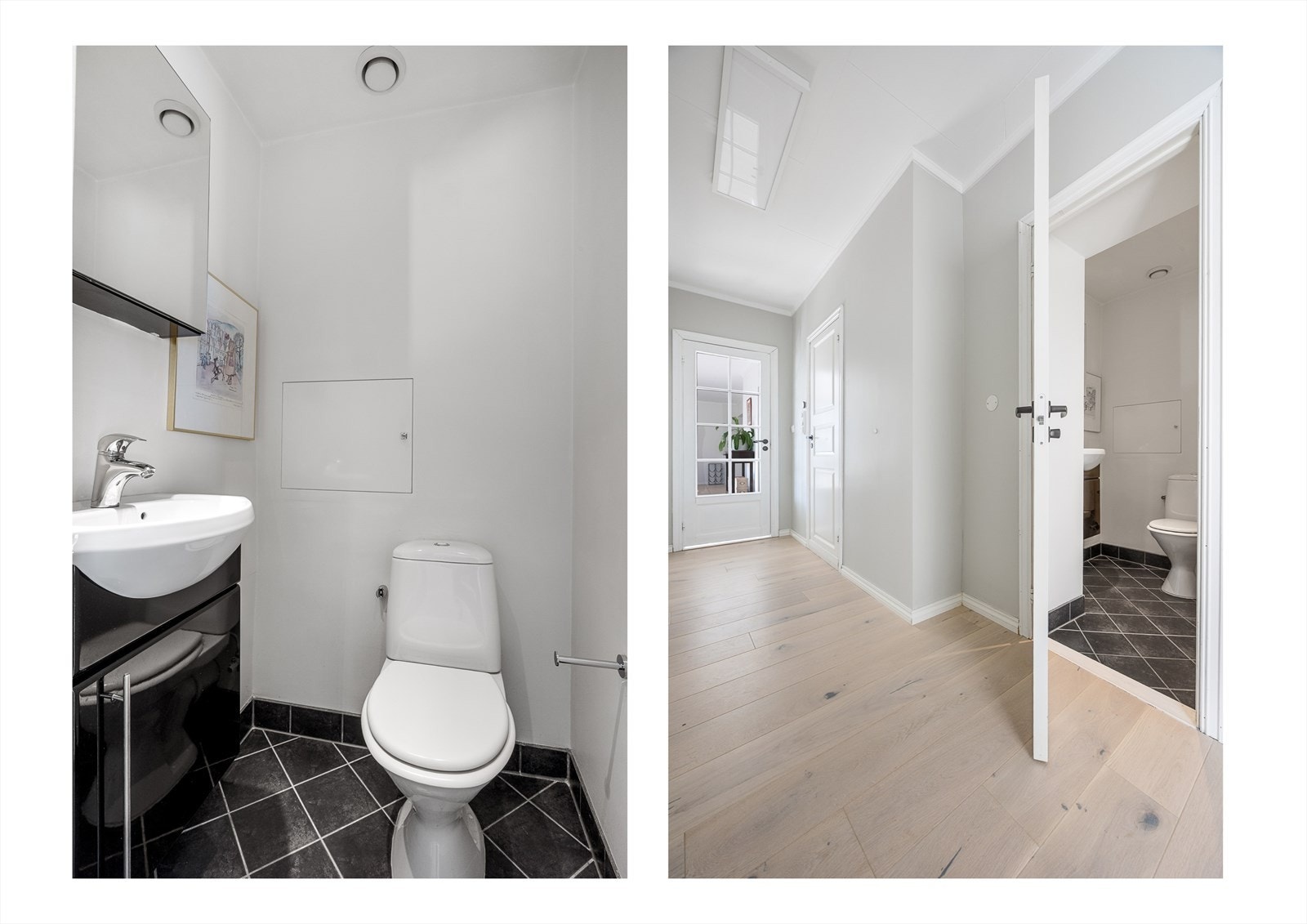 Vegg i vegg med badet har du et praktisk WC-rom, med flislagt gulv, servant med underskap og speil med skap. Her finner du også fordelerskap til rør-i-rør løsning. Galleribilde