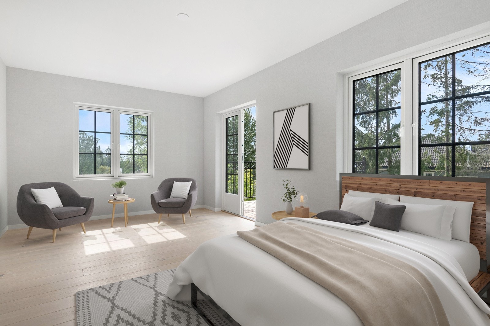 Fotoillustrasjon av soveromsinteriør på hovedsoverom i Trosterudstien 8A. Avvik vil forekomme. Galleribilde