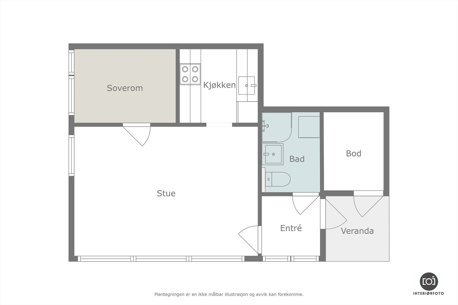 Plantegning (Tidligere sovealkove er blitt omgjort til soverom. Soverommet som er angitt på plantegningen er ikke godkjent som soverom.) Galleribilde