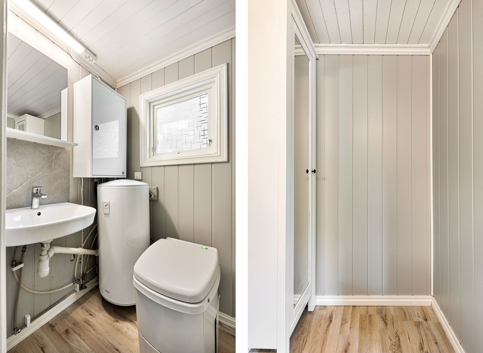 Toalettrom med forbrenningstoalett og servant. Gulv og vegger oppgradert i 2025 Galleribilde