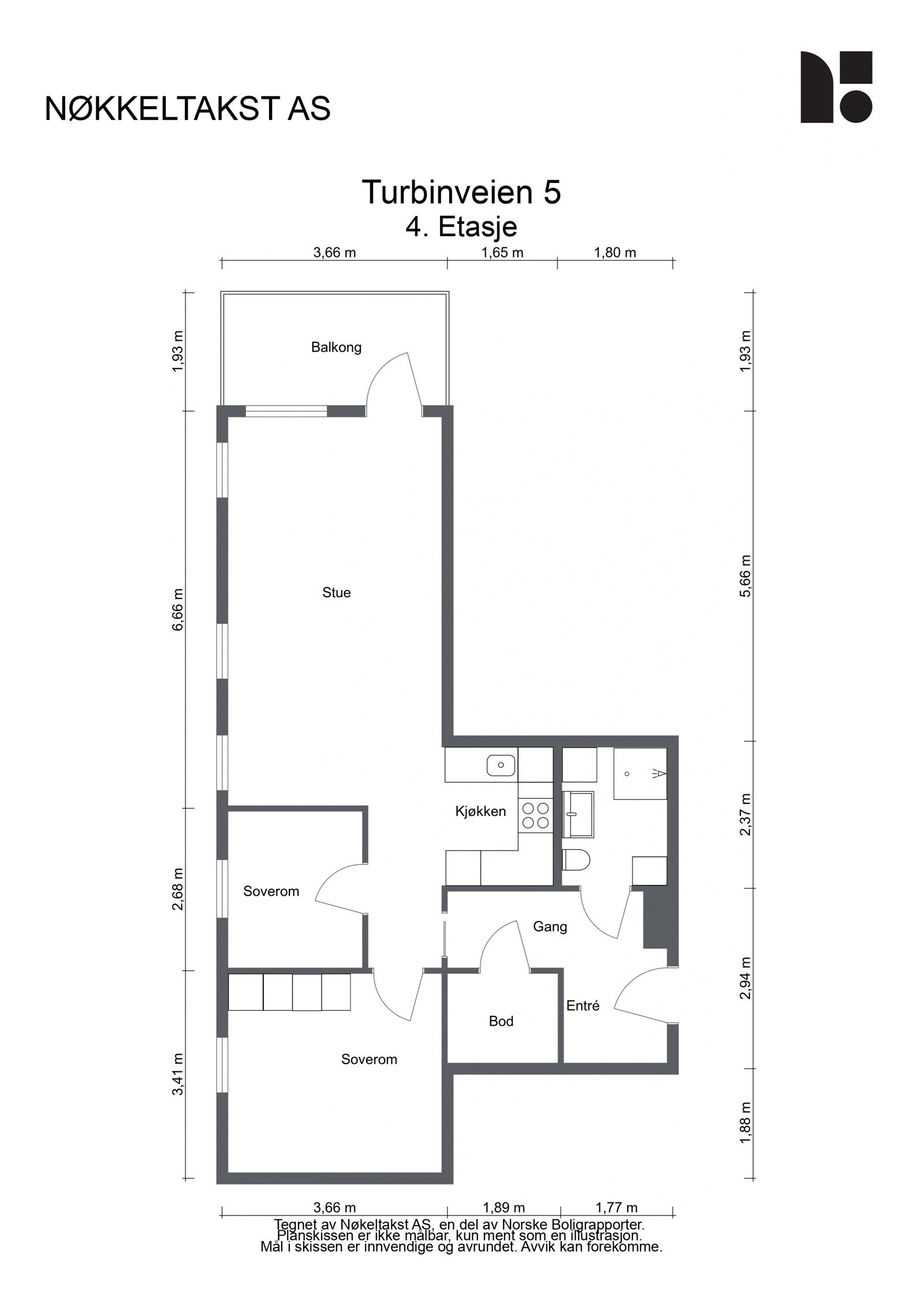 Plantegning. Leiligheten disponerer også en kjellerbod på ca. 5 kvm Galleribilde