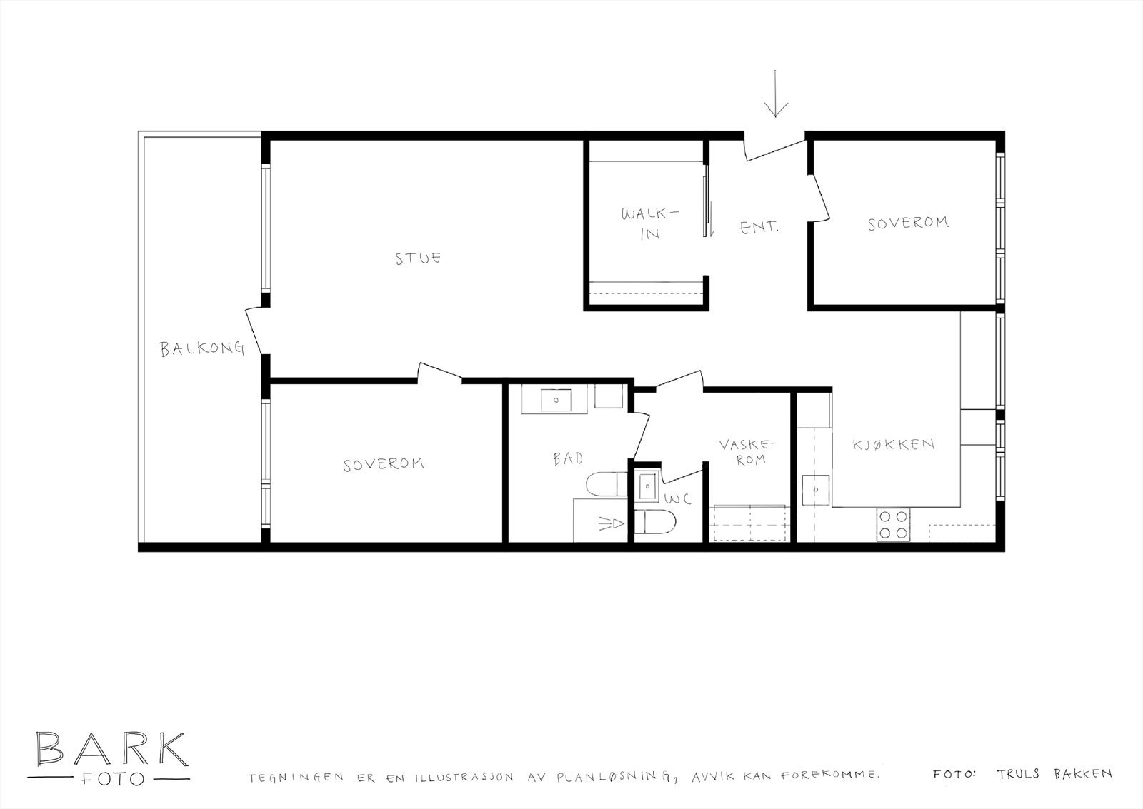 Plantegning. Det gjøres oppmerksom på at bildene er tatt i 2023, og at leiligheten derfor avviker noe fra bildene. Galleribilde