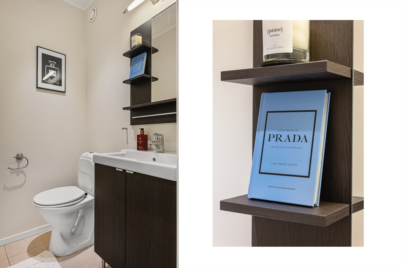 Eget toalettrom plassert i tilknytning til badet. Her er det oppgradert med spilevegg og nytt speil med lys (2025). Galleribilde