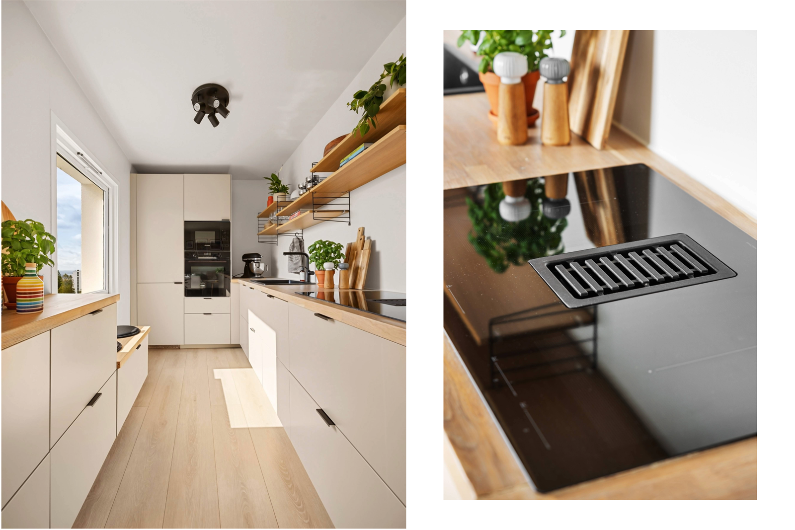 Merk at hvitevarene er løftet opp i høyskap og det er integrert ventilator i koketopp Galleribilde